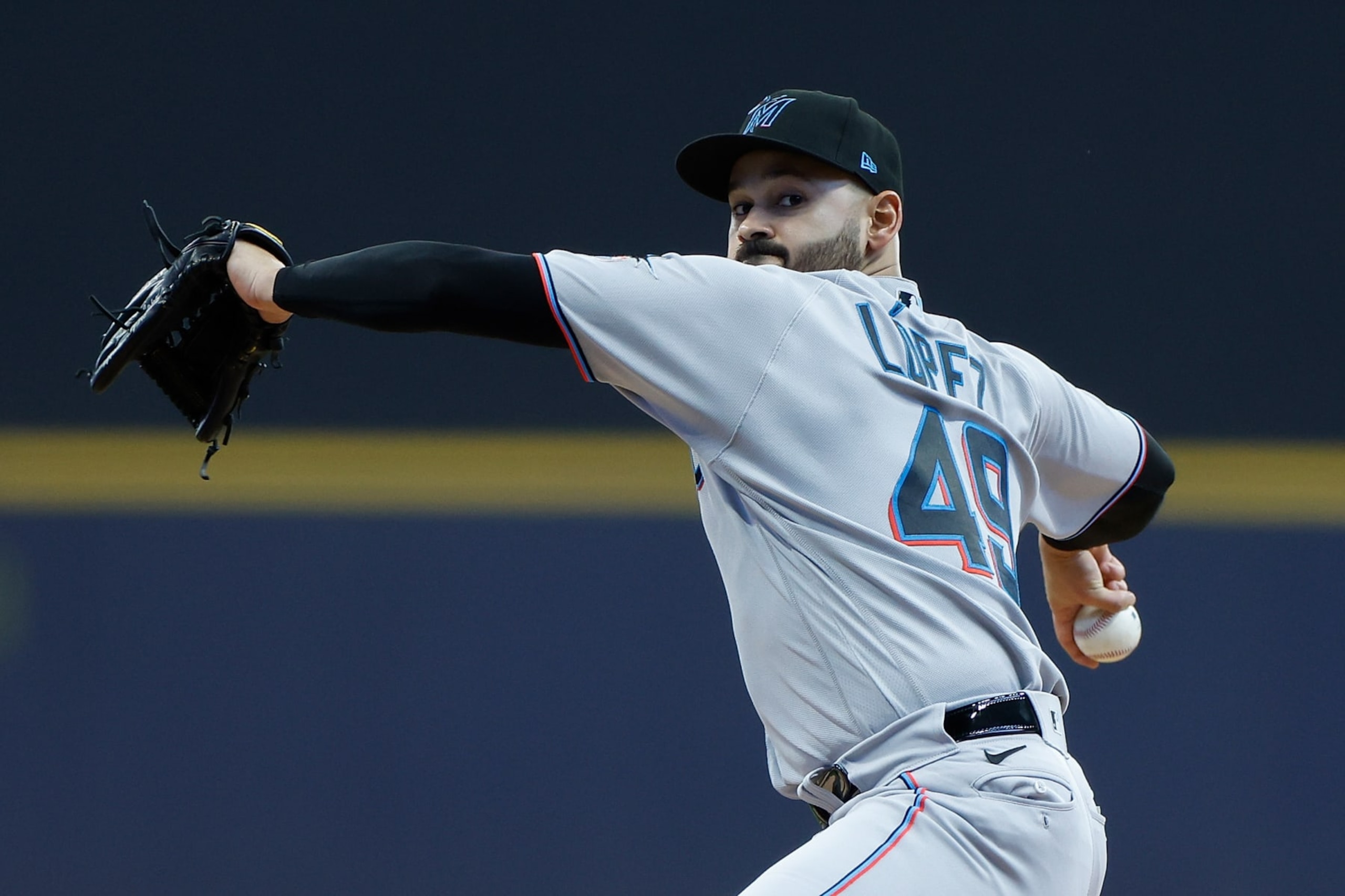 MILWAUKEE, WISCONSIN - OCTOBER 02: Pablo Lopez #49 of the Miami Marlins throws a pitch in the first inning against the Milwaukee Brewers at American Family Field on October 02, 2022 in Milwaukee, Wisconsin. (Photo by John Fisher/Getty Images)