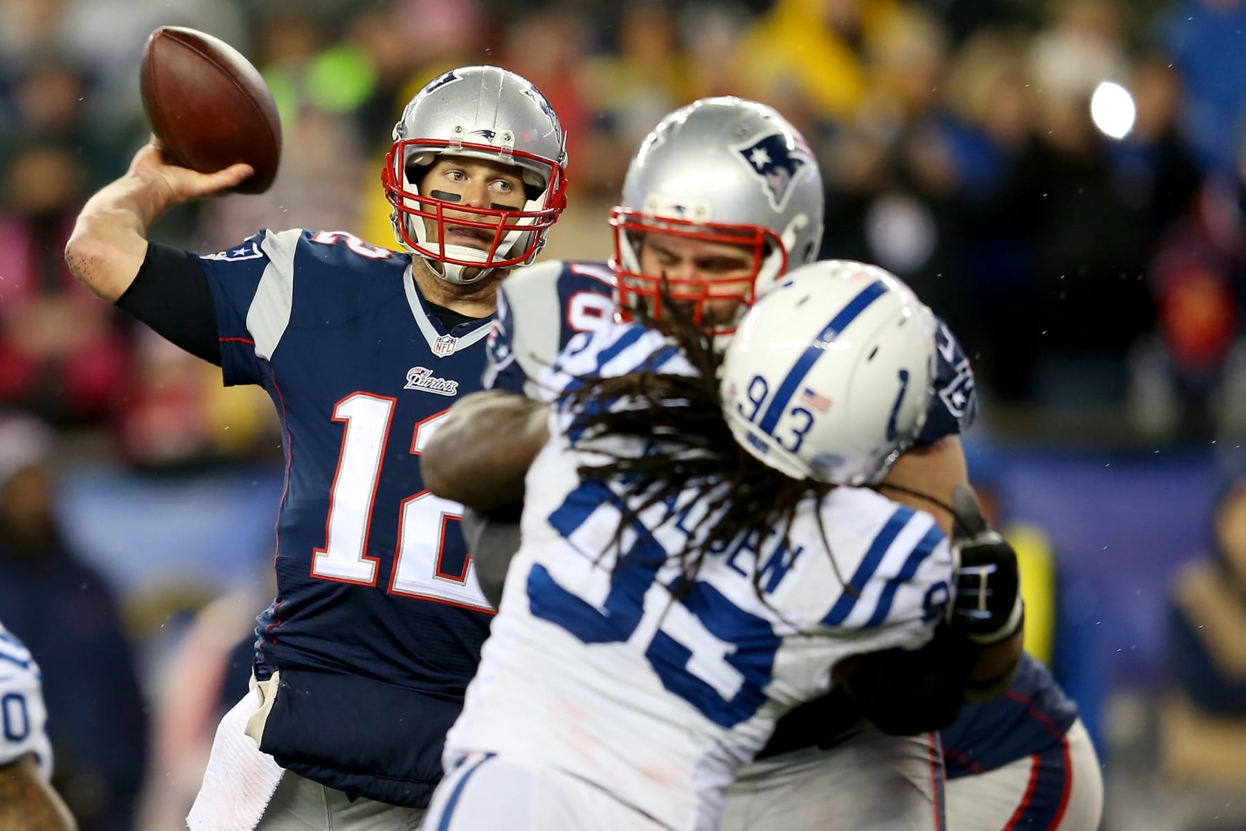 FOXBORO, MA - JANUARY 18:  Tom Brady #12 of the New England Patriots in action against the Indianapolis Colts of the 2015 AFC Championship Game at Gillette Stadium on January 18, 2015 in Foxboro, Massachusetts.  (Photo by Jim Rogash/Getty Images)