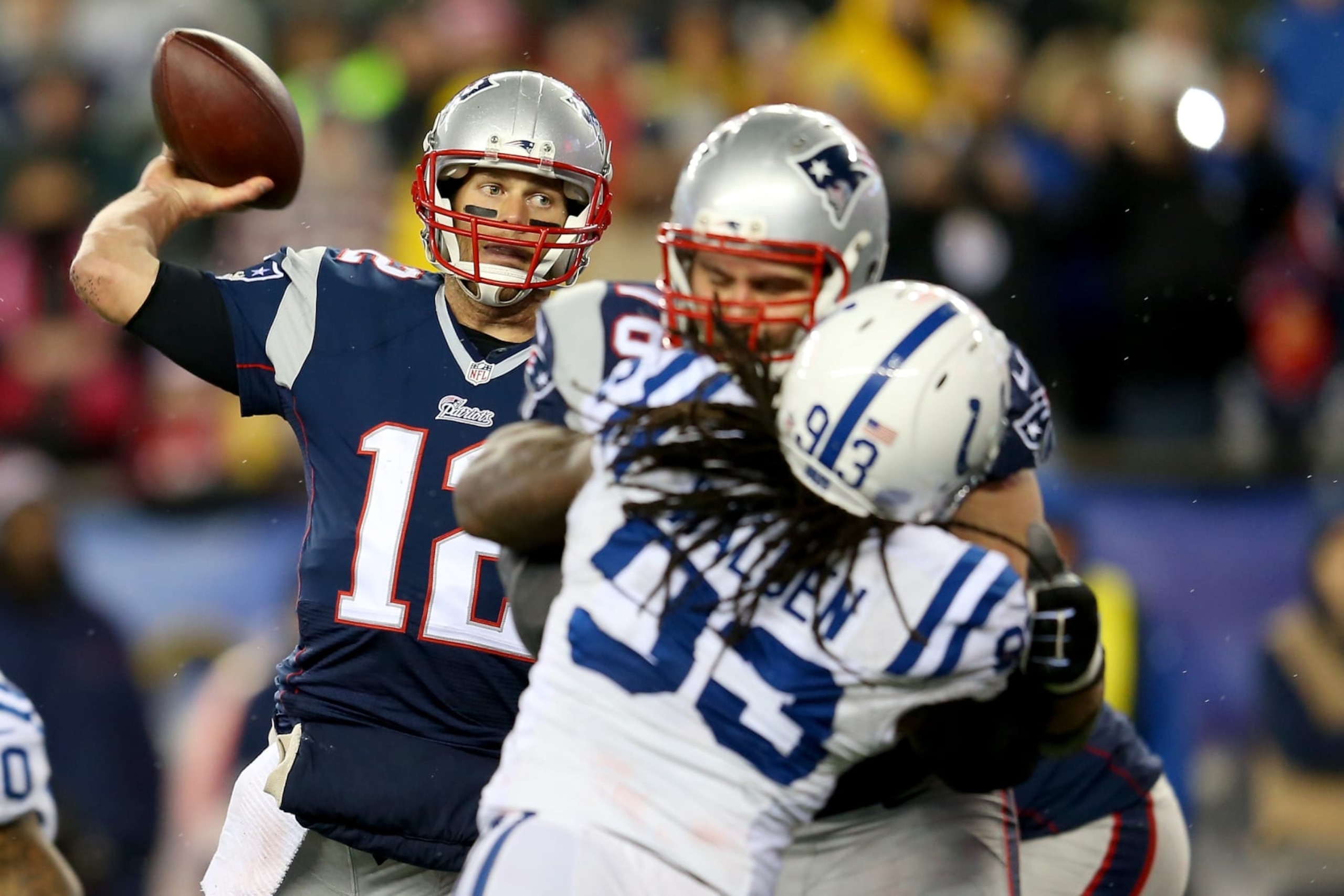 FOXBORO, MA - JANUARY 18:  Tom Brady #12 of the New England Patriots in action against the Indianapolis Colts of the 2015 AFC Championship Game at Gillette Stadium on January 18, 2015 in Foxboro, Massachusetts.  (Photo by Jim Rogash/Getty Images)
