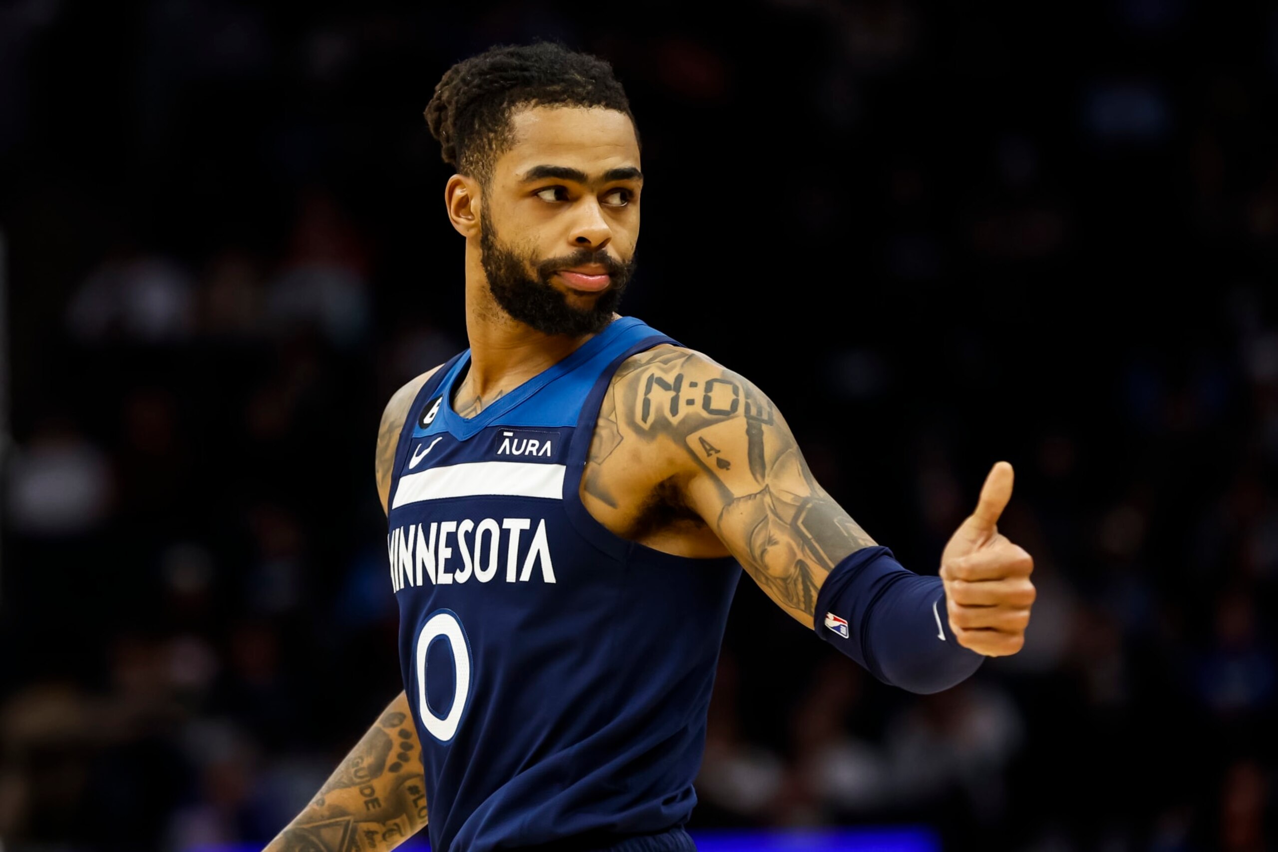 MINNEAPOLIS, MN - JANUARY 04: D'Angelo Russell #0 of the Minnesota Timberwolves reacts to a call on the floor in the third quarter of the game against the Portland Trail Blazers at Target Center on January 4, 2023 in Minneapolis, Minnesota. The Timberwolves defeated the Trail Blazers 113-106. NOTE TO USER: User expressly acknowledges and agrees that, by downloading and or using this Photograph, user is consenting to the terms and conditions of the Getty Images License Agreement. (Photo by David Berding/Getty Images)