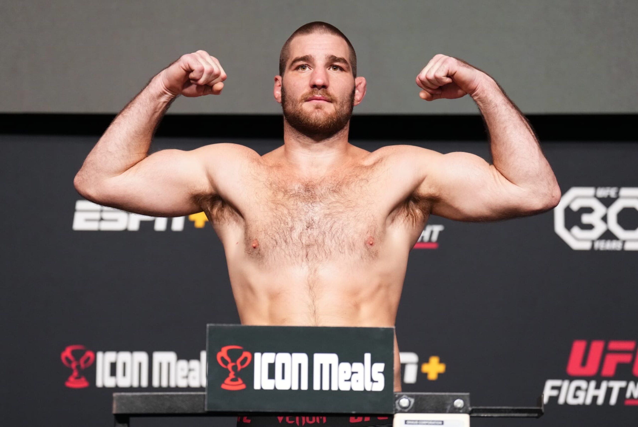 LAS VEGAS, NEVADA - JANUARY 13: Sean Strickland poses on the scale during the UFC weigh-in at UFC APEX on January 13, 2023 in Las Vegas, Nevada. (Photo by Chris Unger/Zuffa LLC via Getty Images)