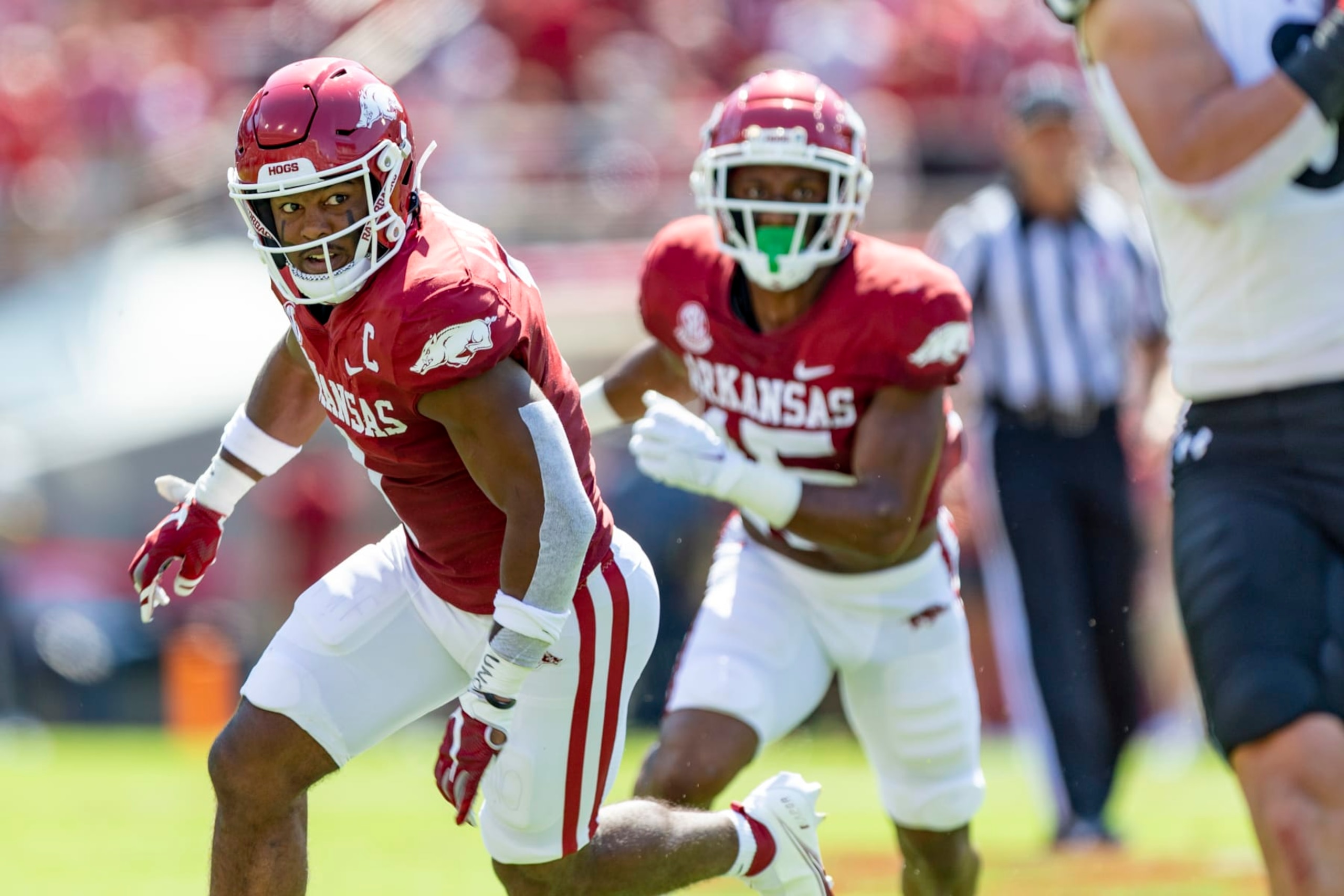 Jalen Catalon of the Arkansas Razorbacks (foreground)