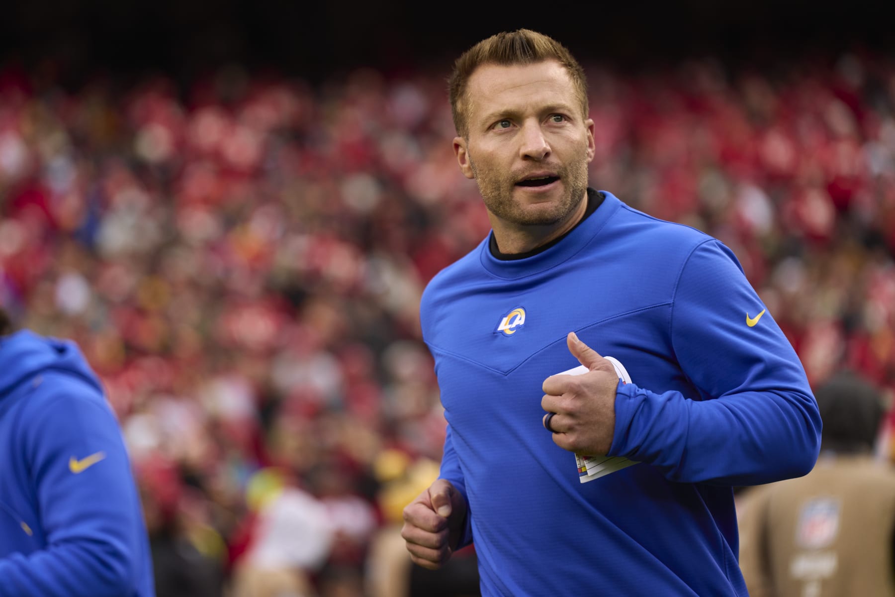 KANSAS CITY, MO - NOVEMBER 27: Head coach Sean McVay of the Los Angeles Rams takes the field before kickoff against the Kansas City Chiefs at GEHA Field at Arrowhead Stadium on November 27, 2022 in Kansas City, Missouri. (Photo by Cooper Neill/Getty Images)