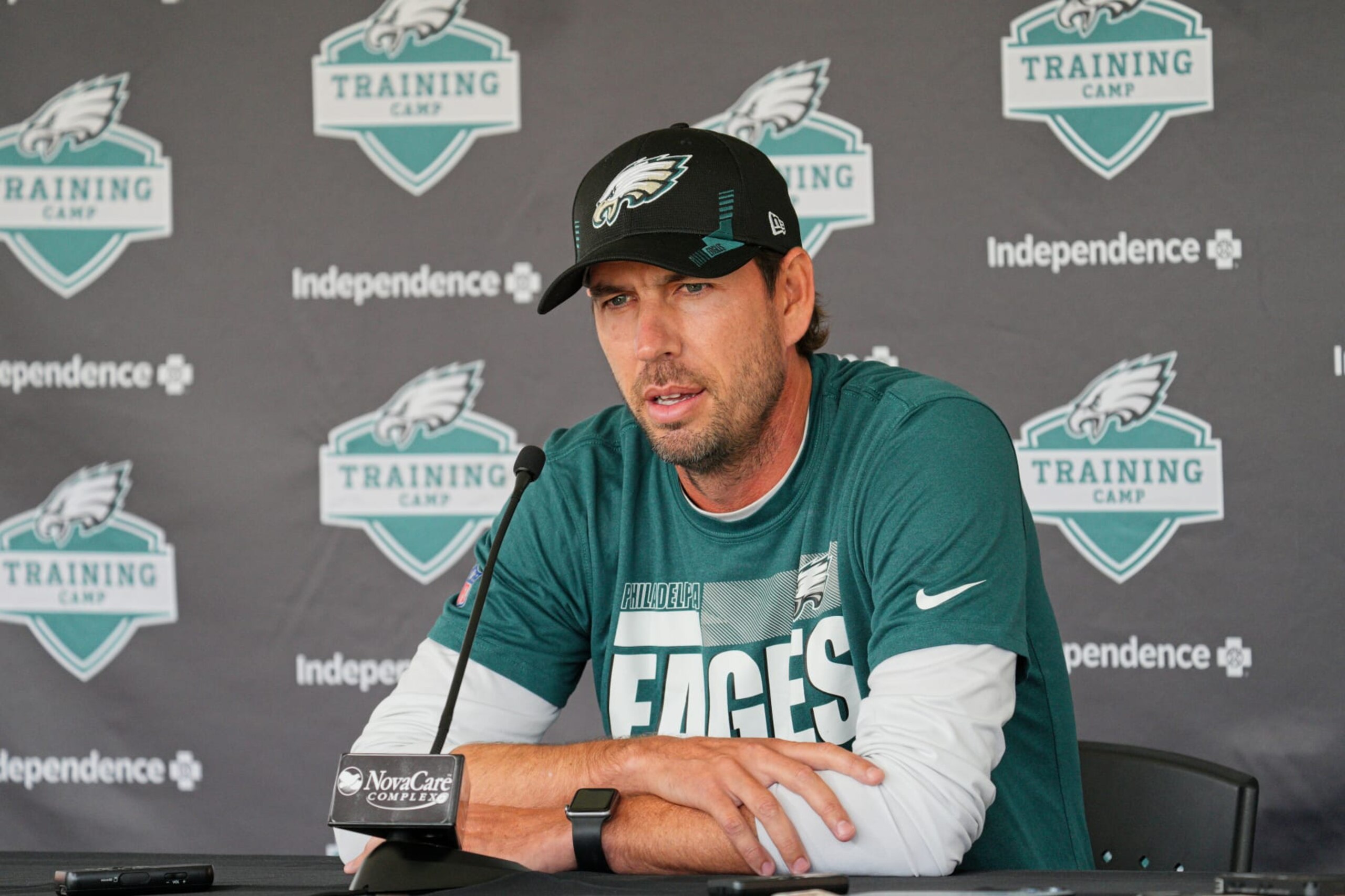 PHILADELPHIA, PA - AUGUST 02: Philadelphia Eagles offensive coordinator Shane Steichen is interviewed during training camp on July 29, 2022 at the NovaCare Complex in Philadelphia PA.(Photo by Andy Lewis/Icon Sportswire via Getty Images)
