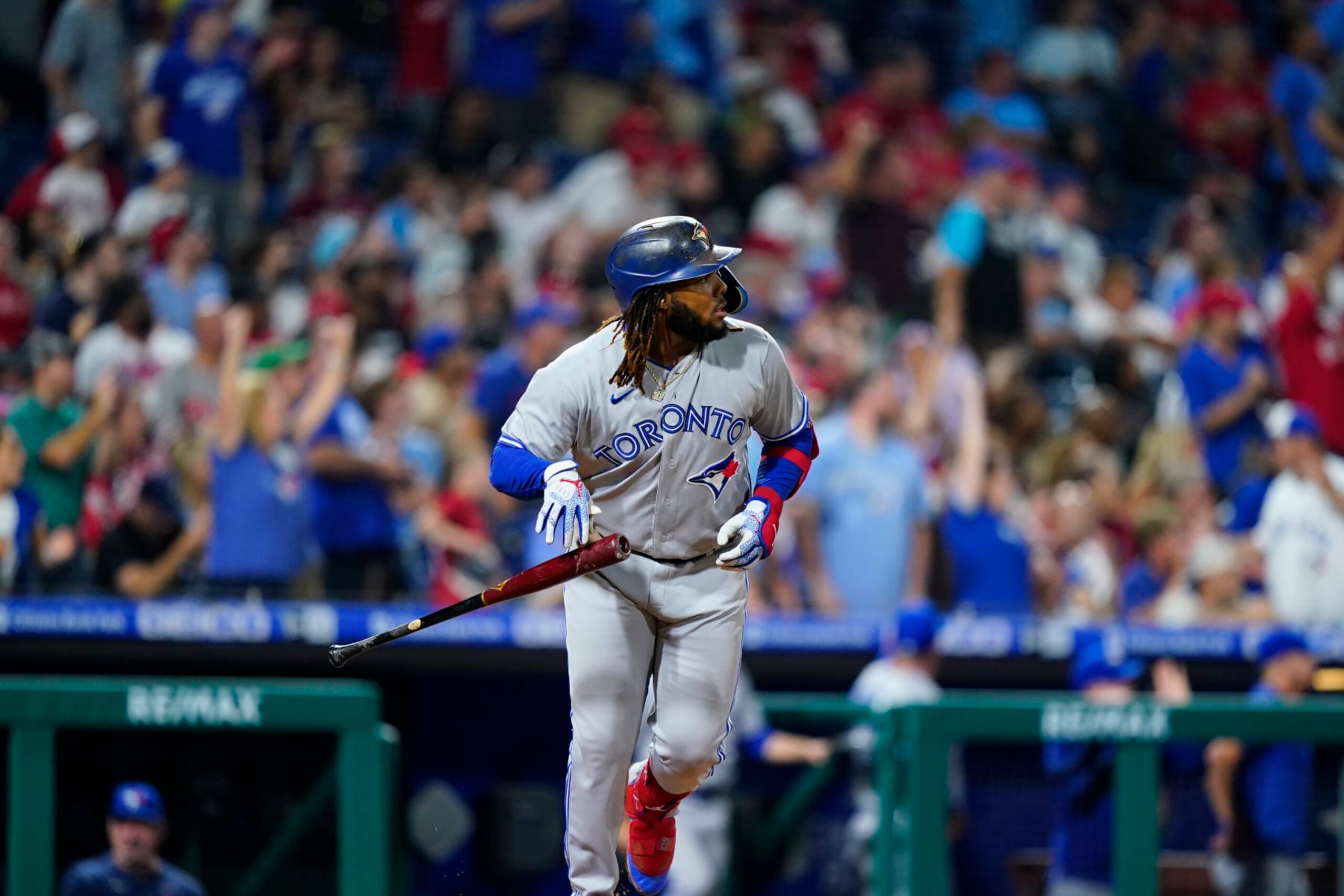 Toronto Blue Jays' Vladimir Guerrero Jr. watches a home run during a baseball game, Wednesday, Sept. 21, 2022, in Philadelphia. (AP Photo/Matt Slocum)