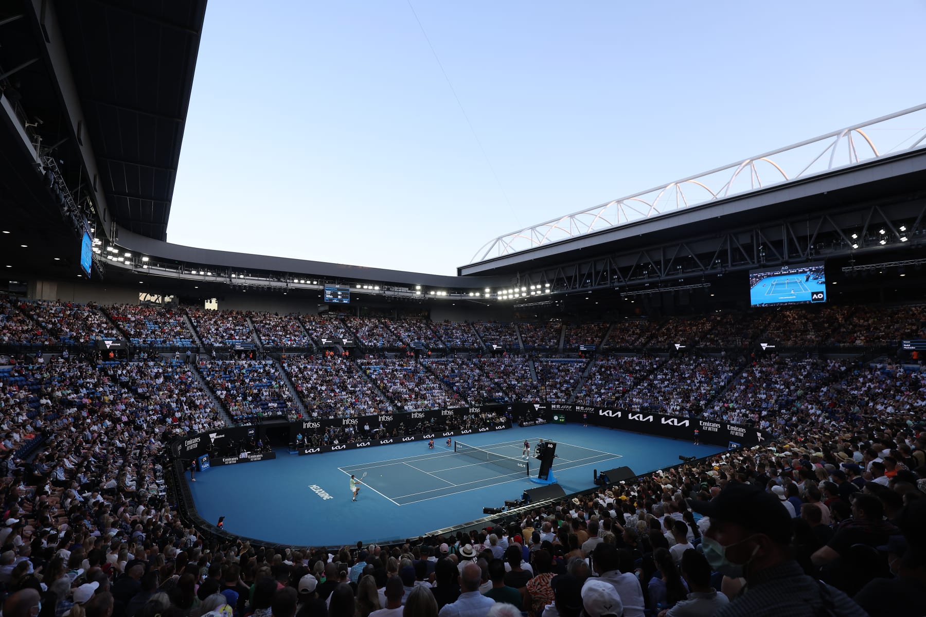 MELBOURNE, AUSTRALIA - JANUARY 30: A general view of Rod Laver Arena during the Men's Singles Final match between Rafael Nadal of Spain and Daniil Medvedev of Russia during day 14 of the 2022 Australian Open at Melbourne Park on January 30, 2022 in Melbourne, Australia. (Photo by Graham Denholm/Getty Images)