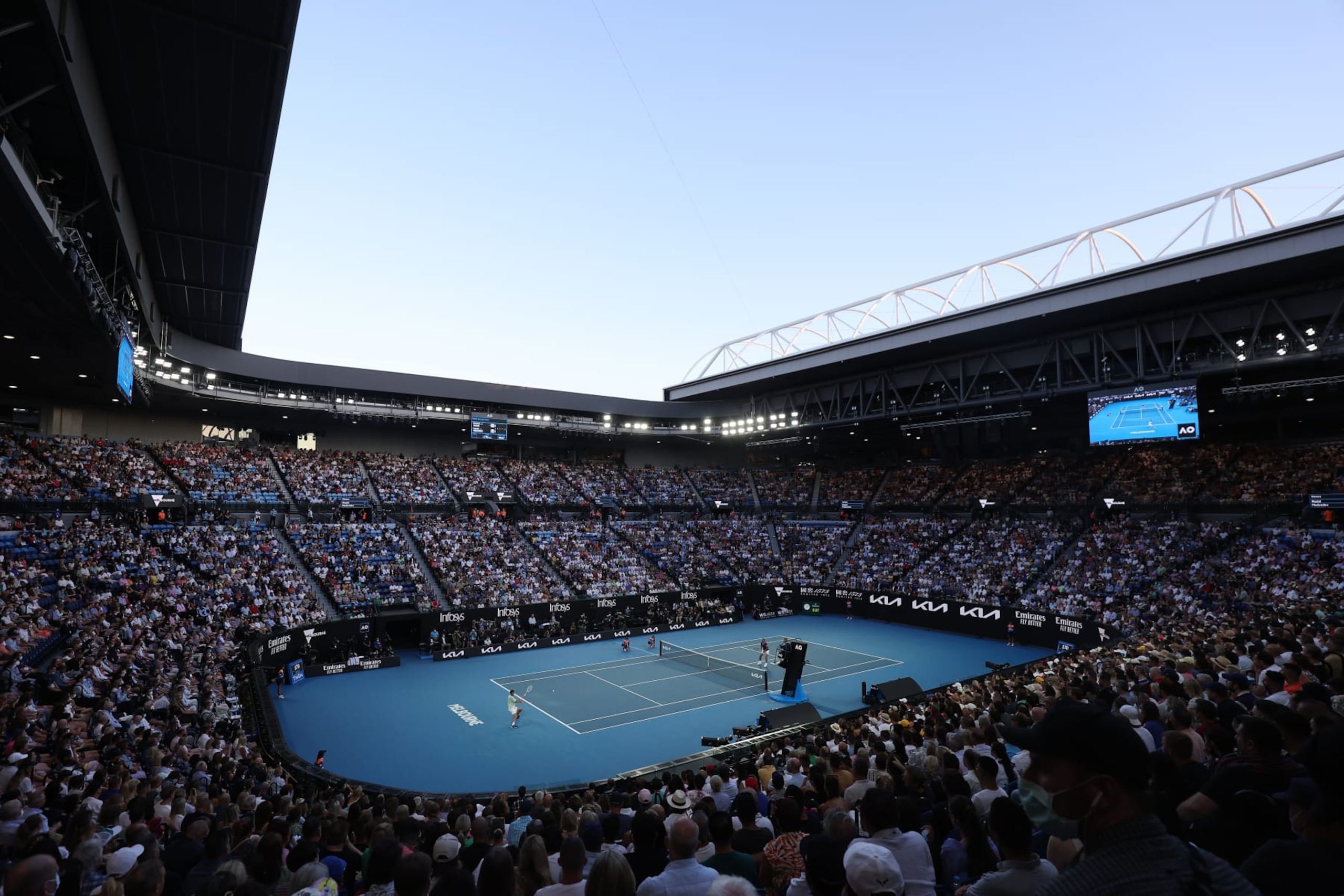 MELBOURNE, AUSTRALIA - JANUARY 30: A general view of Rod Laver Arena during the Men's Singles Final match between Rafael Nadal of Spain and Daniil Medvedev of Russia during day 14 of the 2022 Australian Open at Melbourne Park on January 30, 2022 in Melbourne, Australia. (Photo by Graham Denholm/Getty Images)