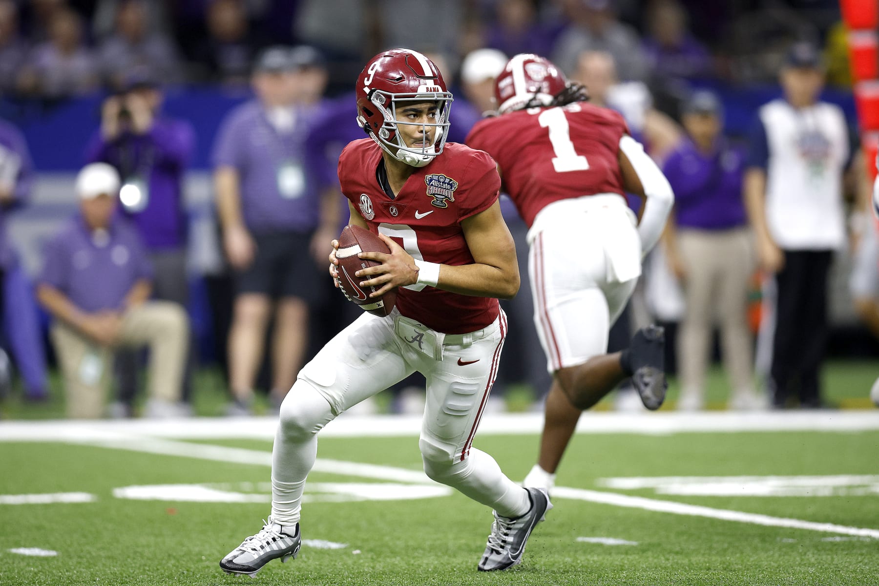 NEW ORLEANS, LOUISIANA - DECEMBER 31: Bryce Young #9 of the Alabama Crimson Tide looks to pass during the second quarter of the Allstate Sugar Bowl against the Kansas State Wildcats at Caesars Superdome on December 31, 2022 in New Orleans, Louisiana. (Photo by Sean Gardner/Getty Images)