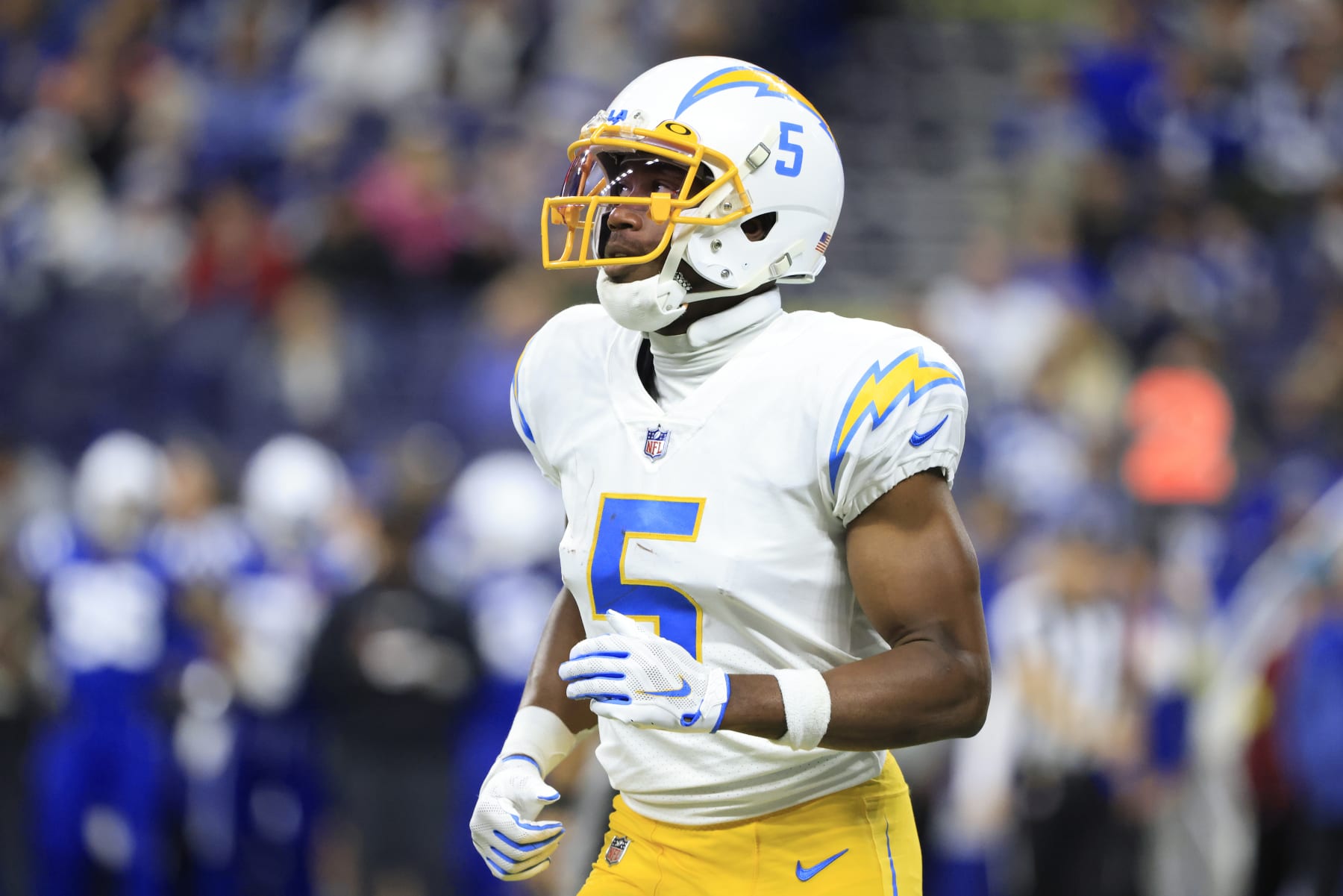 INDIANAPOLIS, INDIANA - DECEMBER 26: Joshua Palmer #5 of the Los Angeles Chargers looks on in the game against the Indianapolis Colts at Lucas Oil Stadium on December 26, 2022 in Indianapolis, Indiana. (Photo by Justin Casterline/Getty Images)