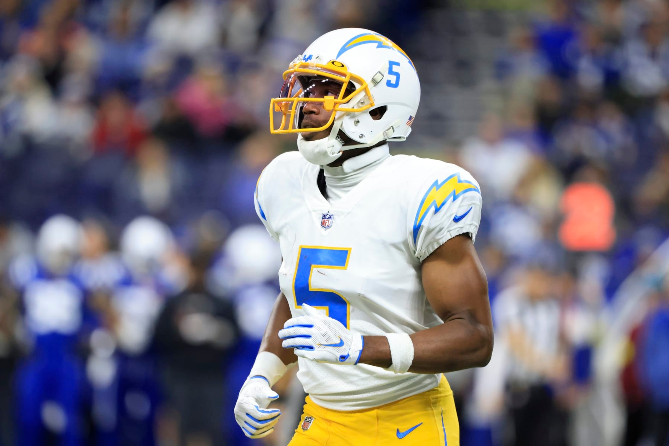 INDIANAPOLIS, INDIANA - DECEMBER 26: Joshua Palmer #5 of the Los Angeles Chargers looks on in the game against the Indianapolis Colts at Lucas Oil Stadium on December 26, 2022 in Indianapolis, Indiana. (Photo by Justin Casterline/Getty Images)