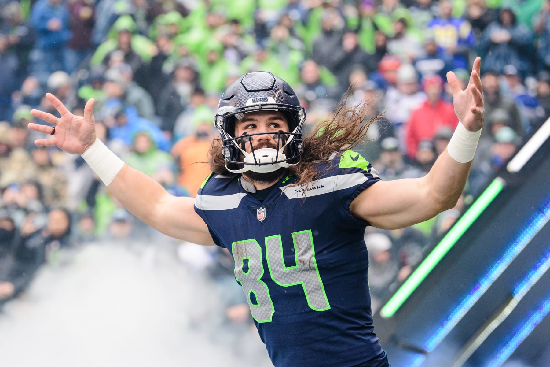 SEATTLE, WASHINGTON - JANUARY 08: Colby Parkinson #84 of the Seattle Seahawks takes the field prior to the game against the Los Angeles Rams at Lumen Field on January 08, 2023 in Seattle, Washington. (Photo by Jane Gershovich/Getty Images)