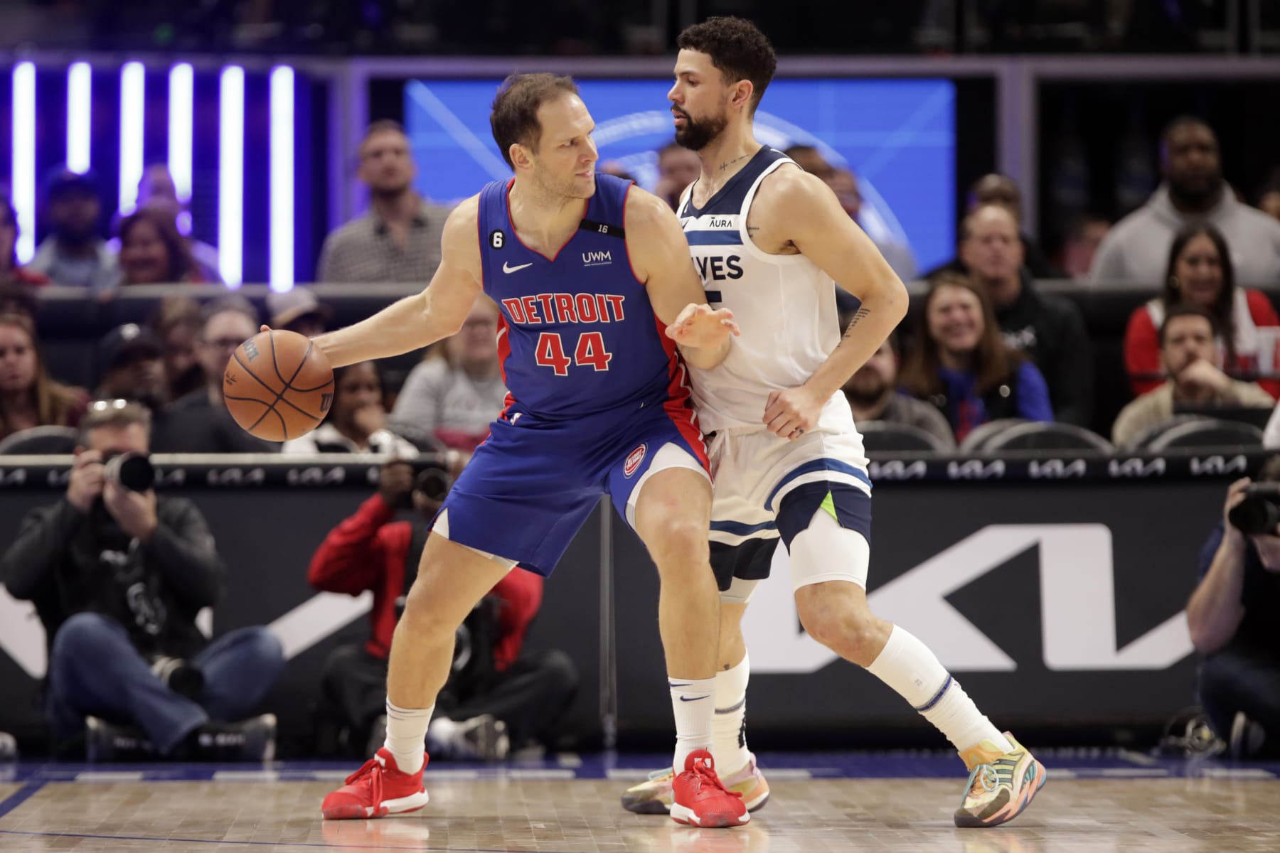 DETROIT, MI - JANUARY 11: Bojan Bogdanovic #44 of the Detroit Pistons dribbles the ball during the game against the Minnesota Timberwolves on January 11, 2023 at Little Caesars Arena in Detroit, Michigan. NOTE TO USER: User expressly acknowledges and agrees that, by downloading and/or using this photograph, User is consenting to the terms and conditions of the Getty Images License Agreement. Mandatory Copyright Notice: Copyright 2023 NBAE (Photo by Brian Sevald/NBAE via Getty Images)
