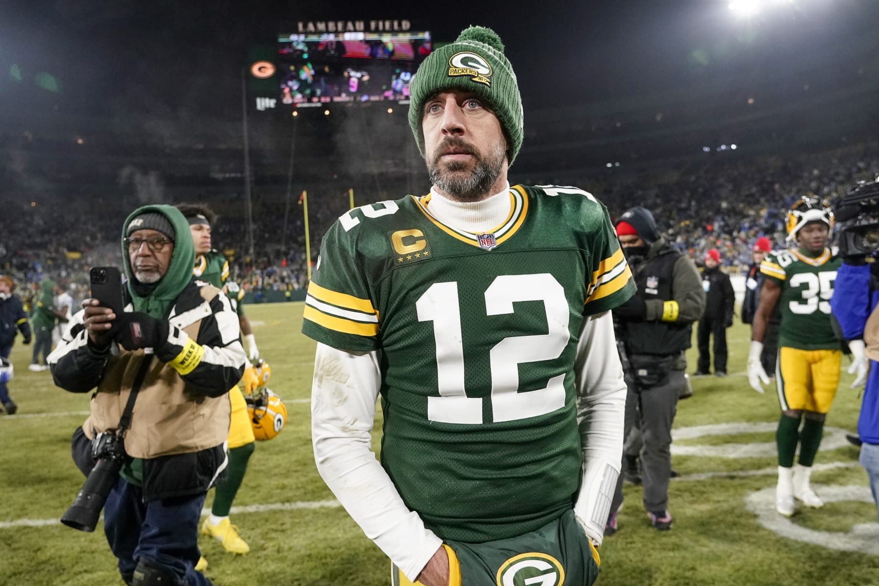 Green Bay Packers' Aaron Rodgers walks off the field after an NFL football game against the Detroit LionsSunday, Jan. 8, 2023, in Green Bay, Wis. (AP Photo/Morry Gash)