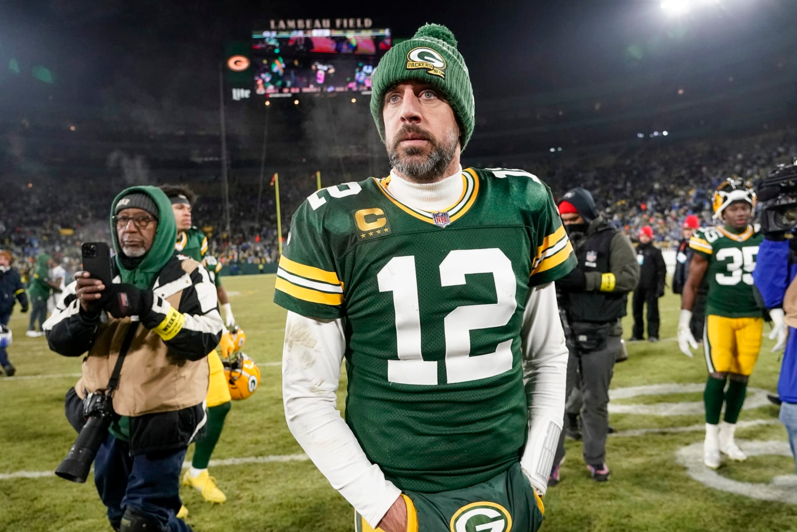 Green Bay Packers' Aaron Rodgers walks off the field after an NFL football game against the Detroit LionsSunday, Jan. 8, 2023, in Green Bay, Wis. (AP Photo/Morry Gash)