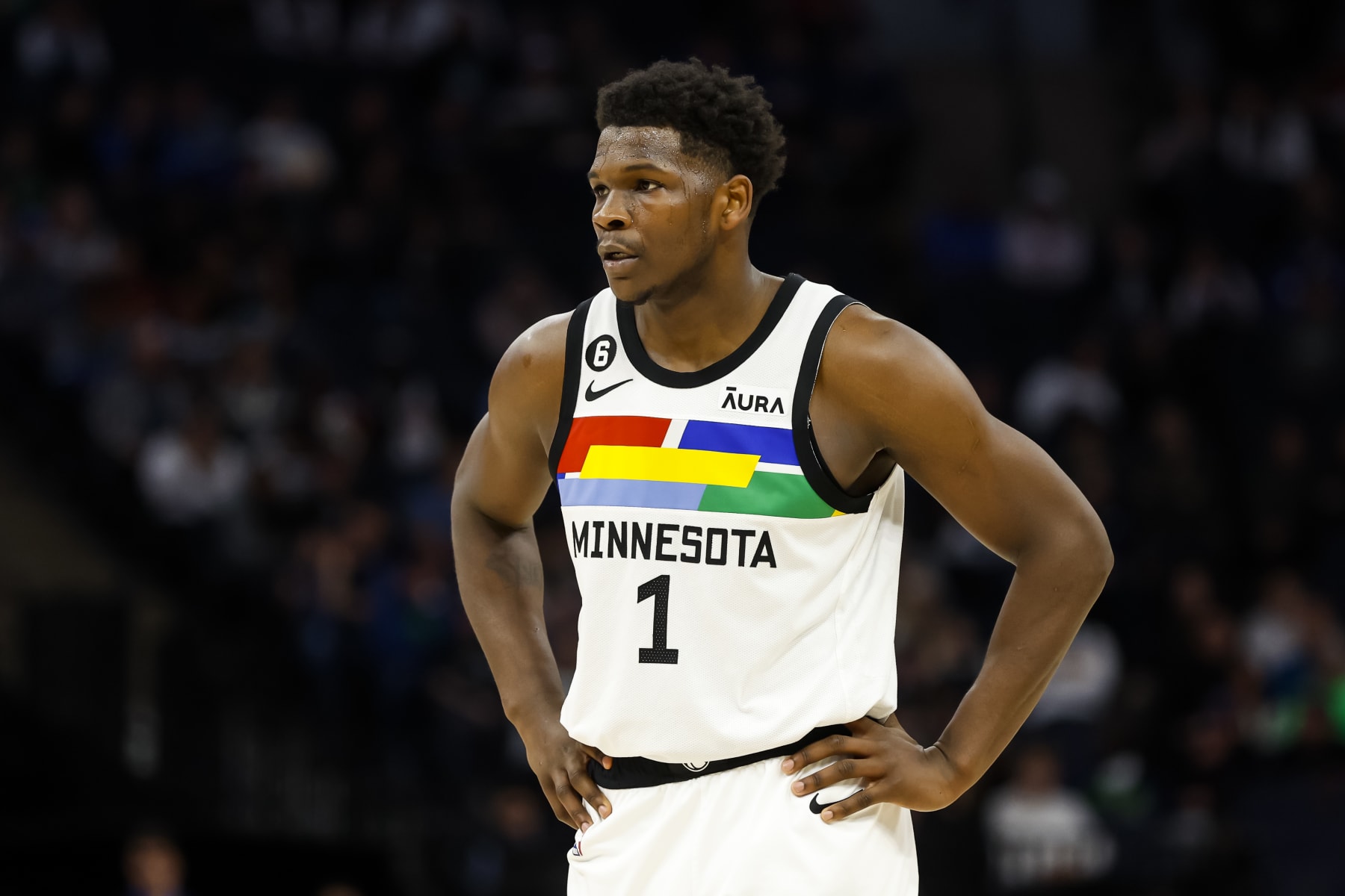 MINNEAPOLIS, MN - JANUARY 13: Anthony Edwards #1 of the Minnesota Timberwolves looks on against the Phoenix Suns in the fourth quarter of the game at Target Center on January 13, 2022 in Minneapolis, Minnesota. The Timberwolves defeated the Suns 121-116. NOTE TO USER: User expressly acknowledges and agrees that, by downloading and or using this Photograph, user is consenting to the terms and conditions of the Getty Images License Agreement. (Photo by David Berding/Getty Images)