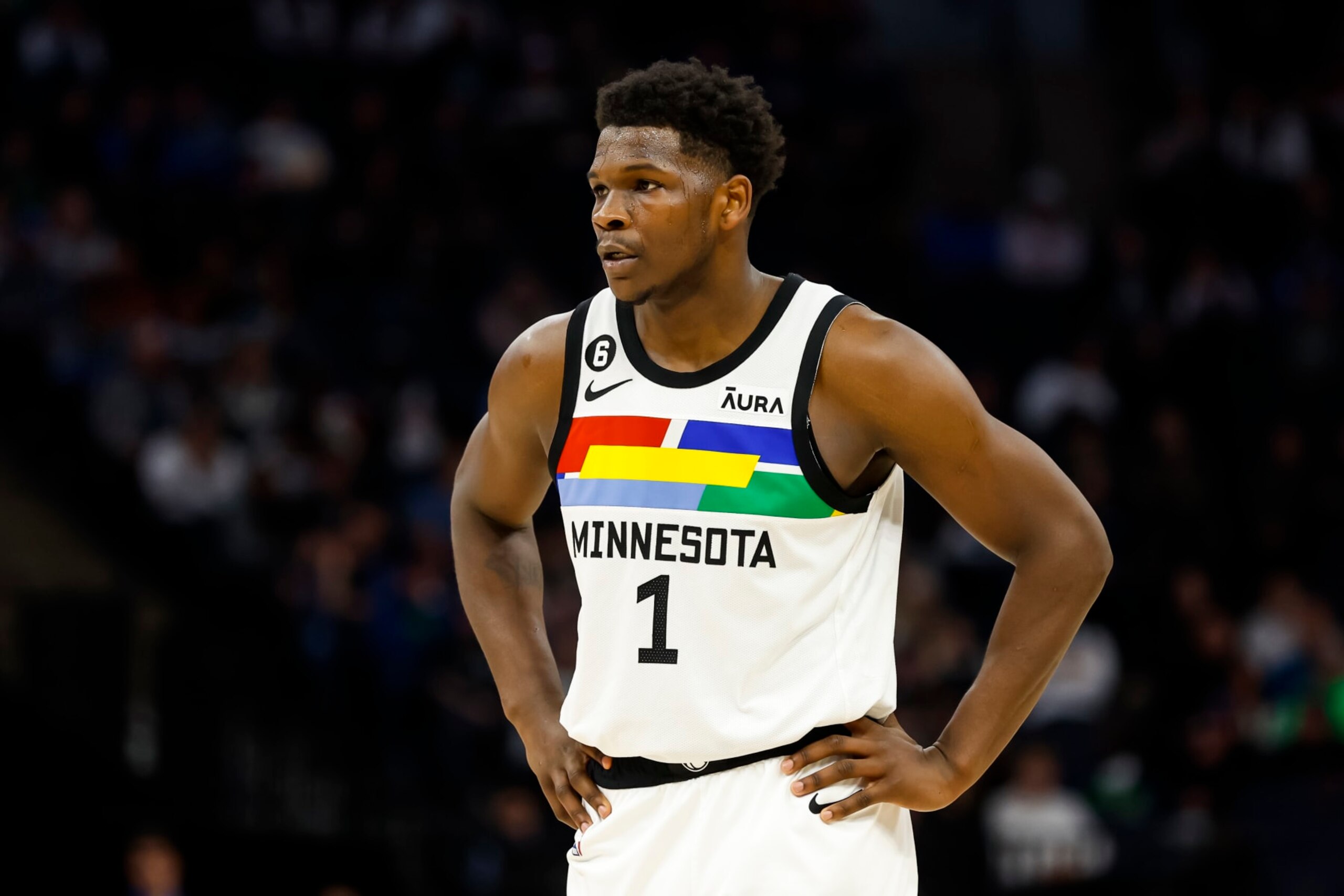 MINNEAPOLIS, MN - JANUARY 13: Anthony Edwards #1 of the Minnesota Timberwolves looks on against the Phoenix Suns in the fourth quarter of the game at Target Center on January 13, 2022 in Minneapolis, Minnesota. The Timberwolves defeated the Suns 121-116. NOTE TO USER: User expressly acknowledges and agrees that, by downloading and or using this Photograph, user is consenting to the terms and conditions of the Getty Images License Agreement. (Photo by David Berding/Getty Images)