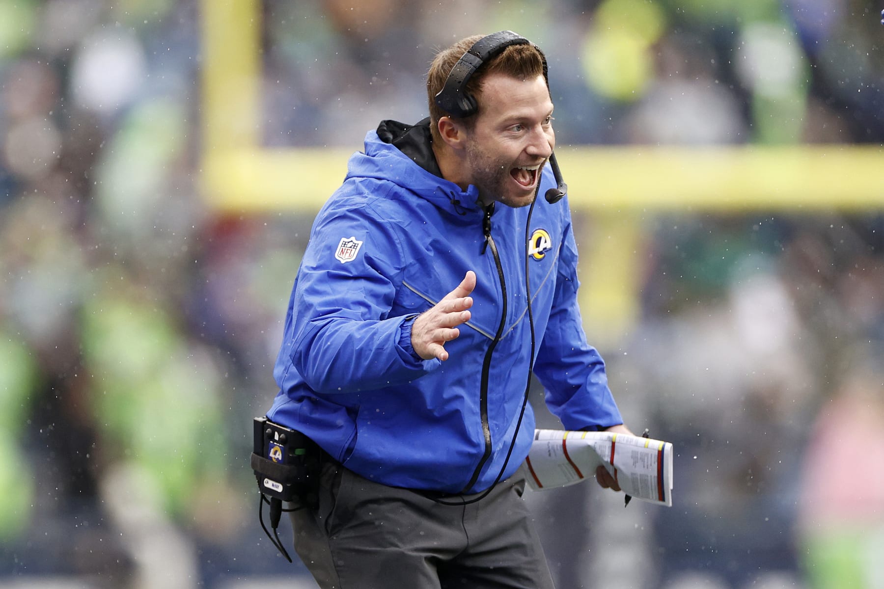 SEATTLE, WASHINGTON - JANUARY 08: Head coach Sean McVay of the Los Angeles Rams reacts during the second quarter against the Seattle Seahawks at Lumen Field on January 08, 2023 in Seattle, Washington. (Photo by Steph Chambers/Getty Images)