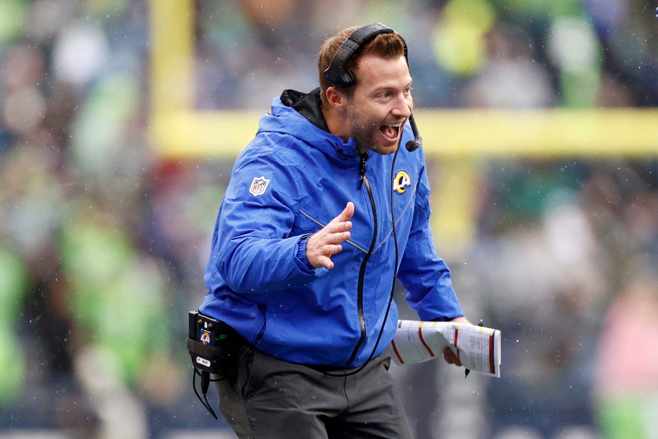 SEATTLE, WASHINGTON - JANUARY 08: Head coach Sean McVay of the Los Angeles Rams reacts during the second quarter against the Seattle Seahawks at Lumen Field on January 08, 2023 in Seattle, Washington. (Photo by Steph Chambers/Getty Images)
