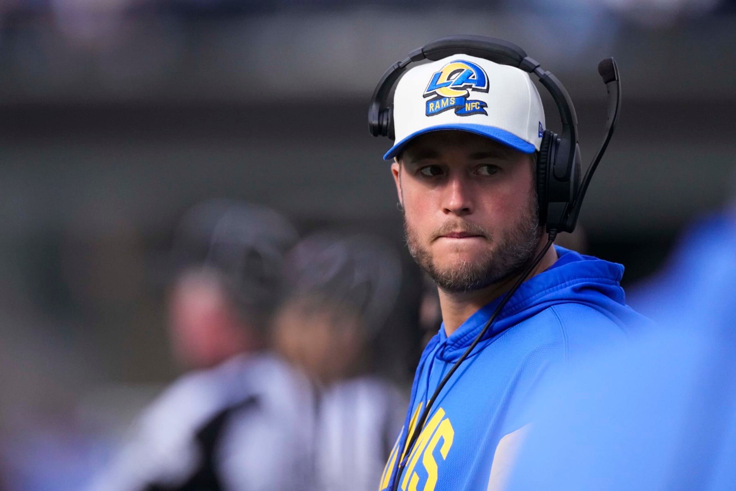 Los Angeles Rams quarterback Matthew Stafford watches from the sideline during warmups before the team's NFL game against the Los Angeles Chargers Sunday, Jan. 1, 2023, in Inglewood, Calif. (AP Photo/Mark J. Terrill)