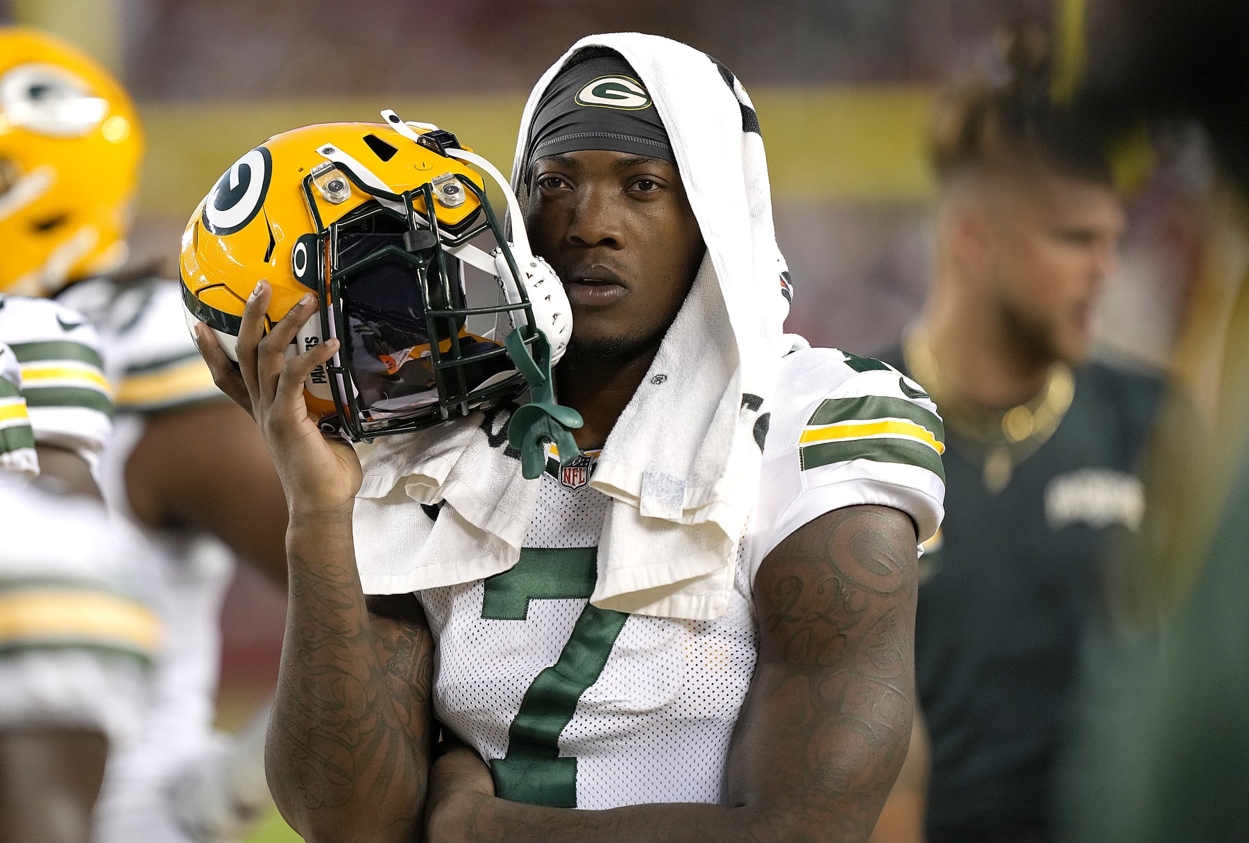 SANTA CLARA, CALIFORNIA - AUGUST 12: Quay Walker #7 of the Green Bay Packers looks on from the sideline during the fourth quarter of an NFL preseason football game against the San Francisco 49ers at Levi's Stadium on August 12, 2022 in Santa Clara, California. (Photo by Thearon W. Henderson/Getty Images)