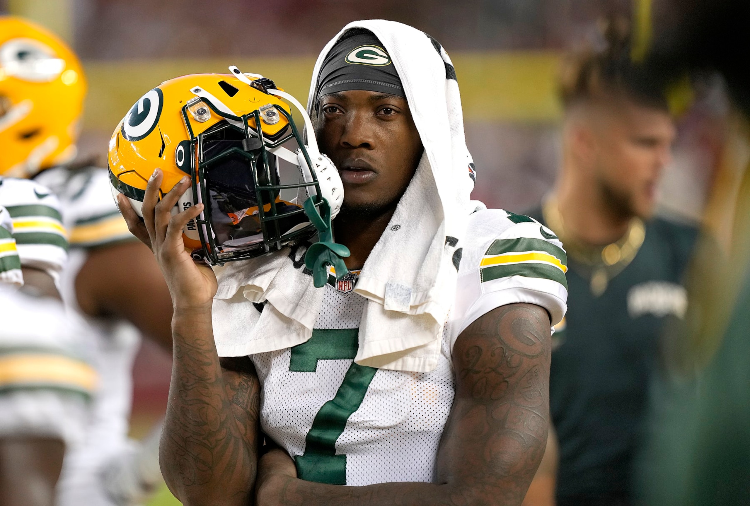SANTA CLARA, CALIFORNIA - AUGUST 12: Quay Walker #7 of the Green Bay Packers looks on from the sideline during the fourth quarter of an NFL preseason football game against the San Francisco 49ers at Levi's Stadium on August 12, 2022 in Santa Clara, California. (Photo by Thearon W. Henderson/Getty Images)