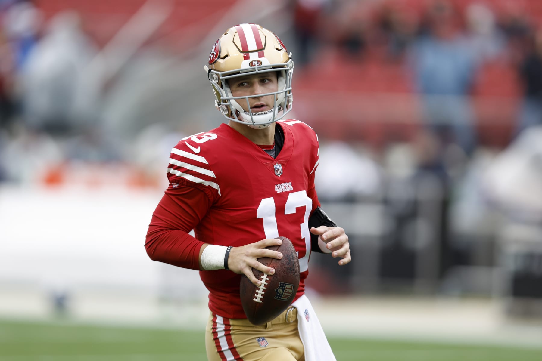 San Francisco 49ers quarterback Brock Purdy (13) warms up before an NFL wild card playoff football game against the Seattle Seahawks in Santa Clara, Calif., Saturday, Jan. 14, 2023. (AP Photo/Jed Jacobsohn)
