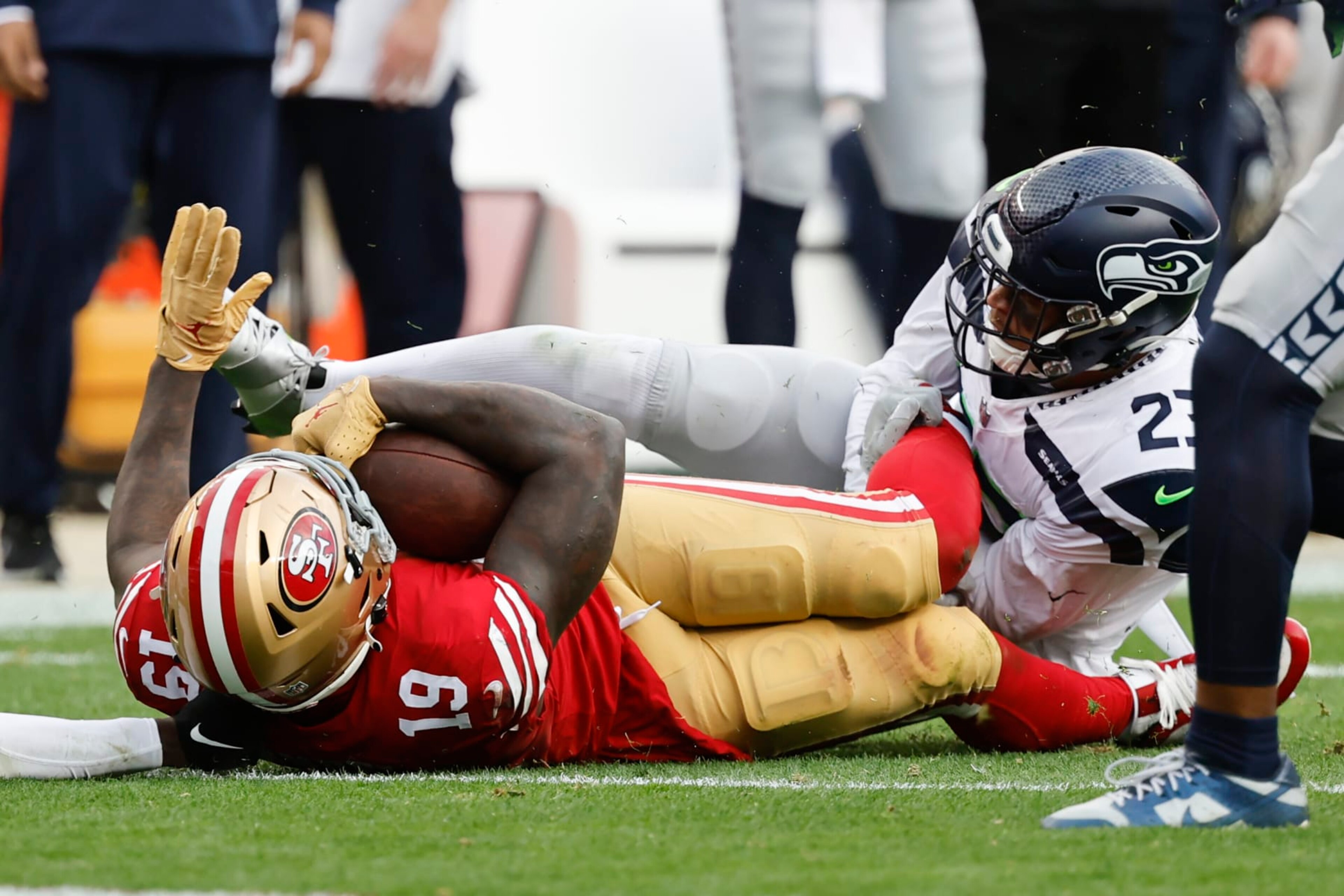 Seattle Seahawks safety Johnathan Abram (23) tackles San Francisco 49ers wide receiver Deebo Samuel (19) during the second half of an NFL wild card playoff football game in Santa Clara, Calif., Saturday, Jan. 14, 2023. (AP Photo/Josie Lepe) Seattle Seahawks safety Johnathan Abram (23) tackles San Francisco 49ers wide receiver Deebo Samuel (19) during the second half of an NFL wild card playoff football game in Santa Clara, Calif., Saturday, Jan. 14, 2023. (AP Photo/Josie Lepe)