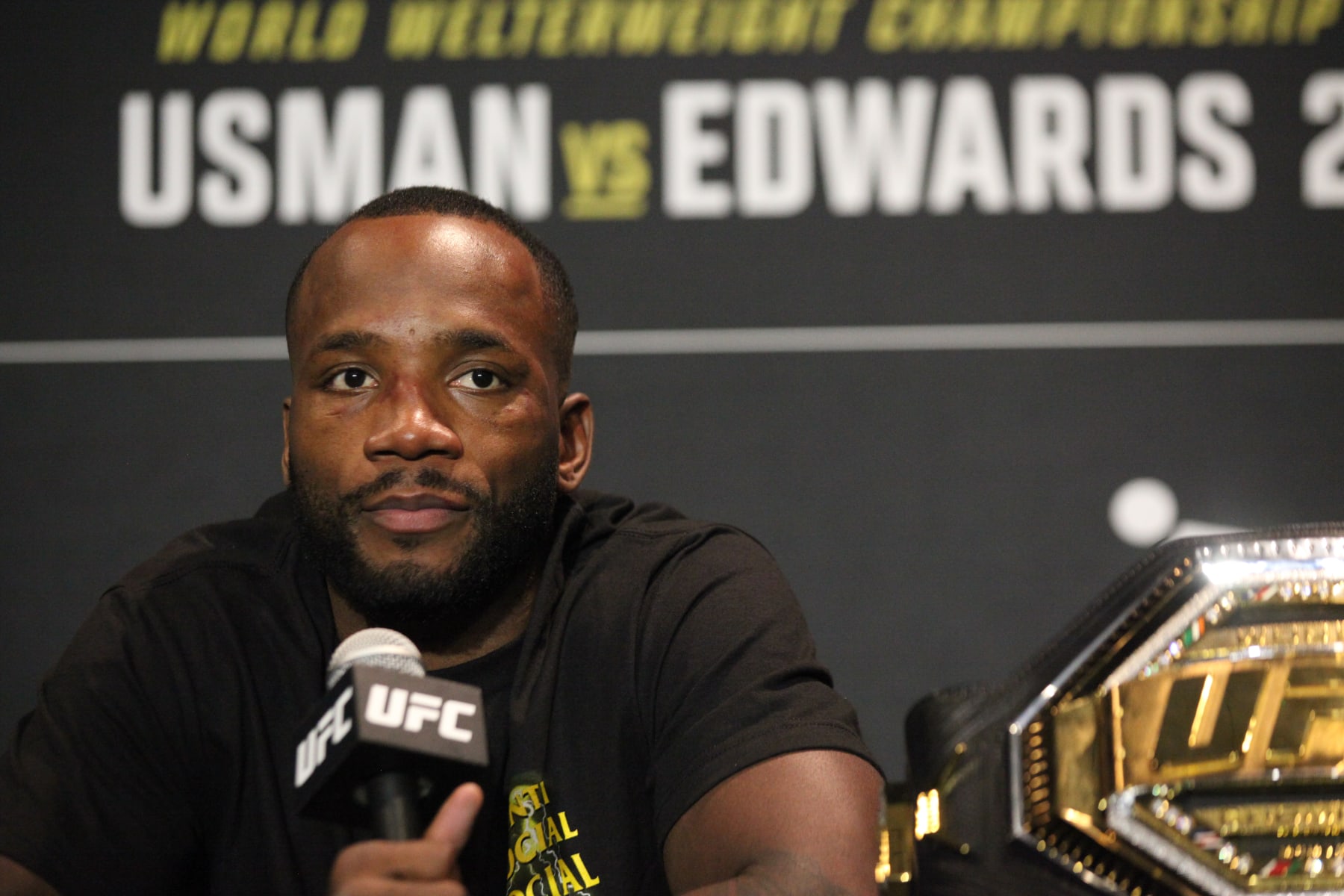 SALT LAKE CITY, UT - AUGUST 20: New UFC welterweight champion Leon Edwards speaks to the media following his UFC 278 win on August 20, 2022, at the Vivint in Salt Lake City, UT. (Photo by Amy Kaplan/Icon Sportswire via Getty Images)