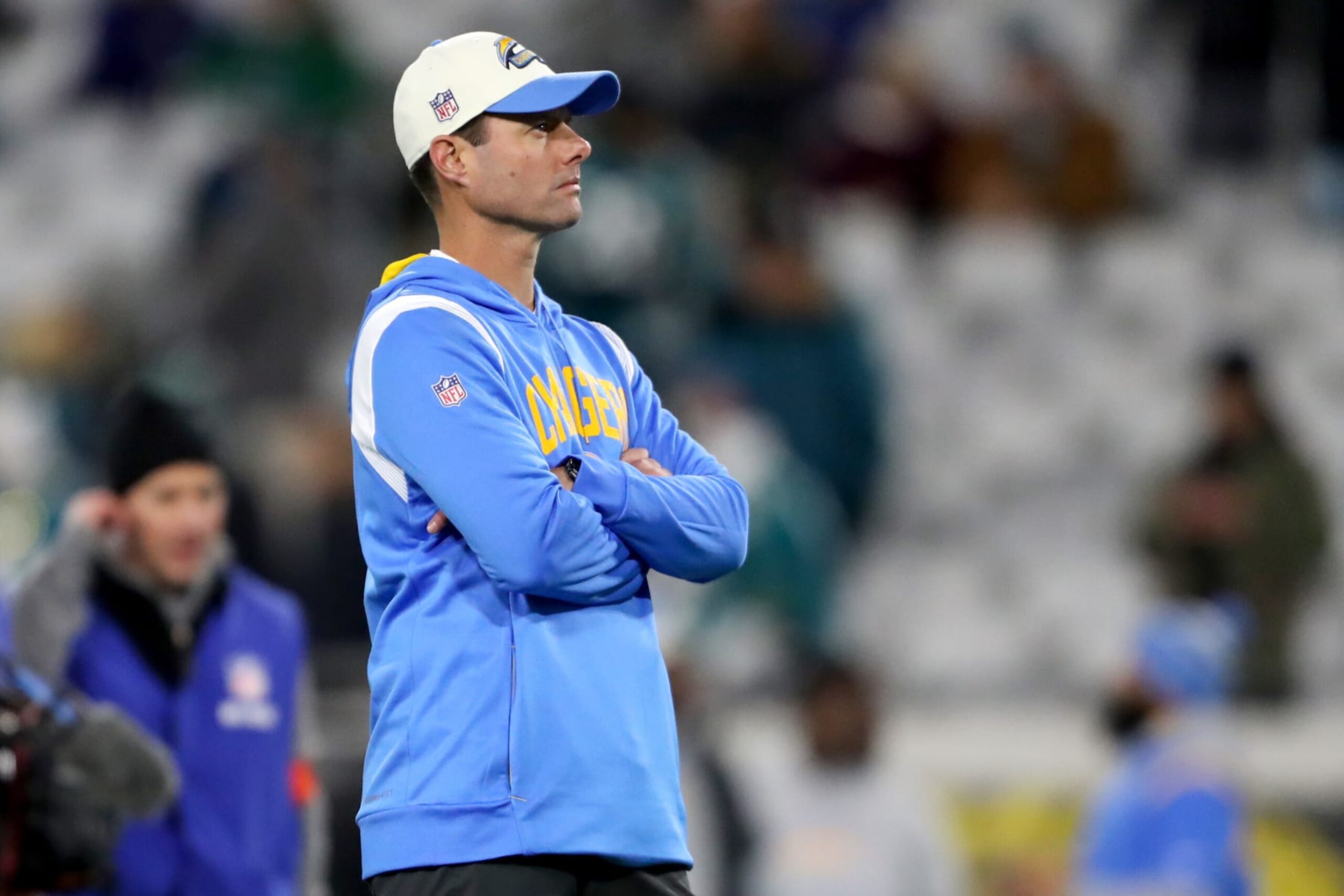 JACKSONVILLE, FLORIDA - JANUARY 14: Head coach Brandon Staley of the Los Angeles Chargers looks on prior to a game against the Jacksonville Jaguars in the AFC Wild Card playoff game at TIAA Bank Field on January 14, 2023 in Jacksonville, Florida. (Photo by Courtney Culbreath/Getty Images)