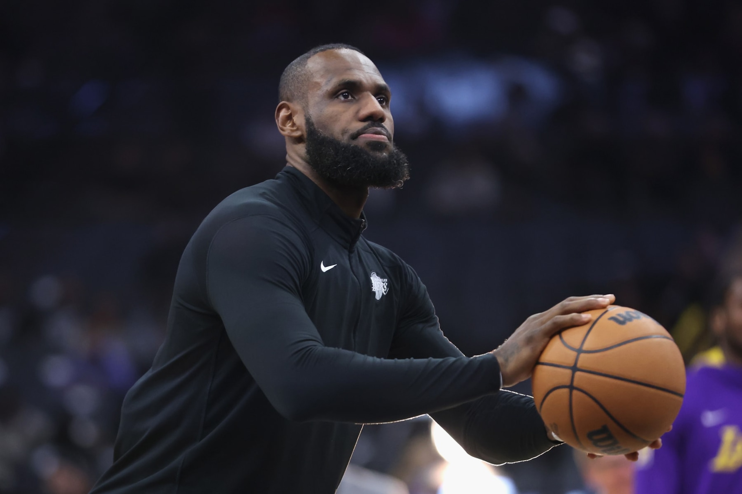 SACRAMENTO, CALIFORNIA - JANUARY 07: LeBron James #6 of the Los Angeles Lakers warms up before the game against the Sacramento Kings at Golden 1 Center on January 07, 2023 in Sacramento, California. NOTE TO USER: User expressly acknowledges and agrees that, by downloading and/or using this photograph, User is consenting to the terms and conditions of the Getty Images License Agreement. (Photo by Lachlan Cunningham/Getty Images)