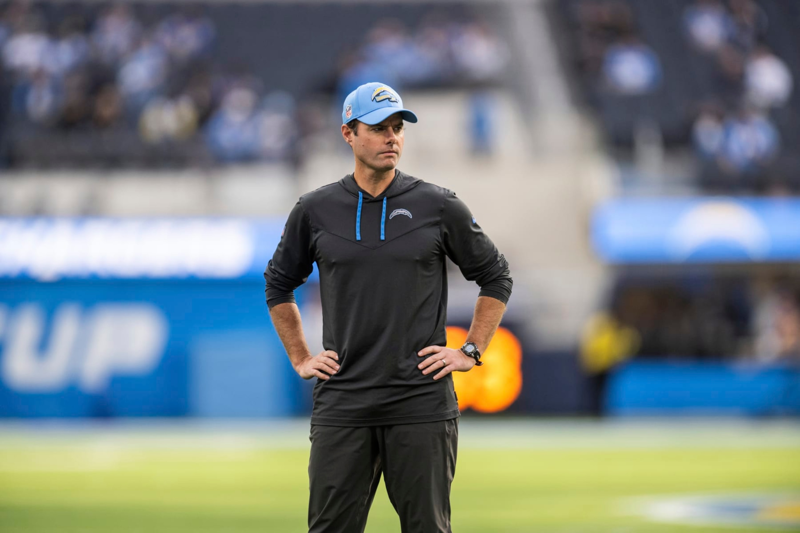Los Angeles Chargers head coach Brandon Staley watches before an NFL football game against the Los Angeles Rams, Sunday, Jan. 1, 2023, in Inglewood, Calif. (AP Photo/Kyusung Gong)