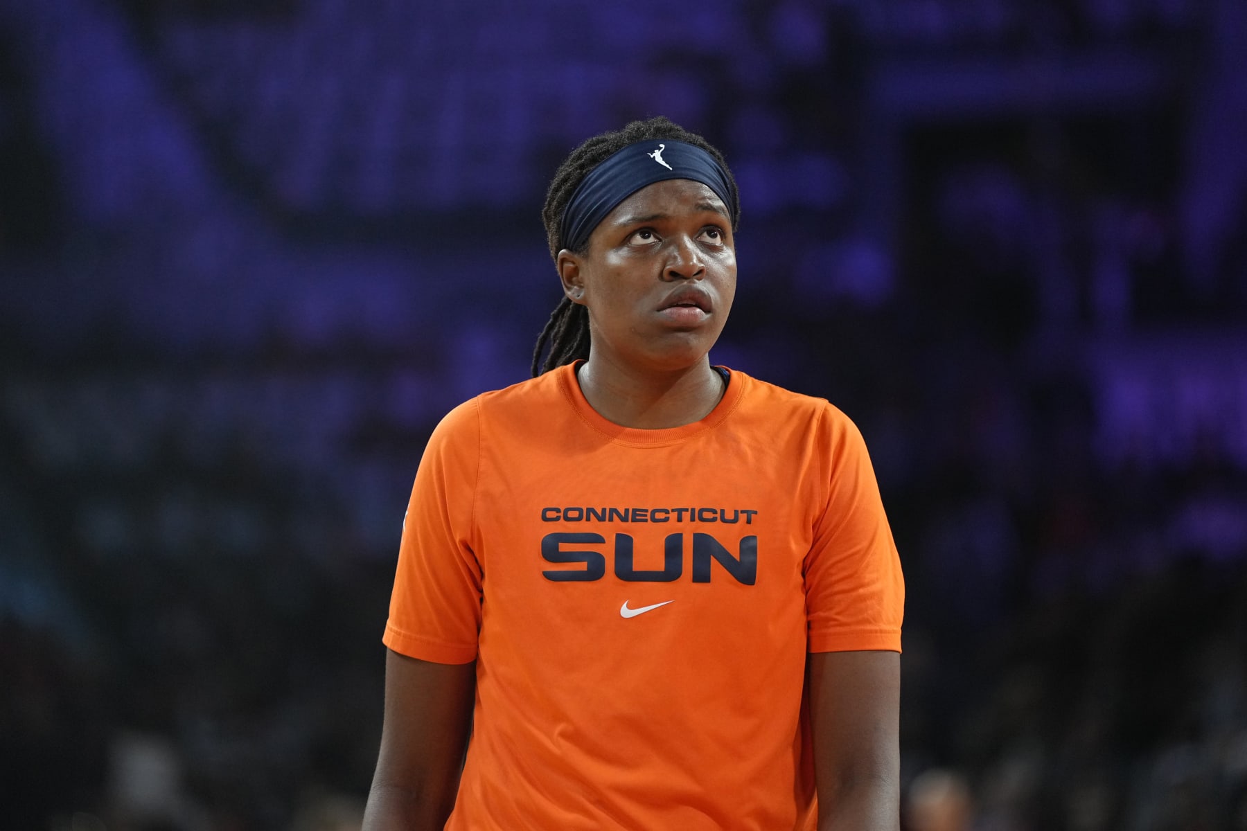 LAS VEGAS, NV - SEPTEMBER 13: Jonquel Jones #35 of the Connecticut Sun looks on before Game 2 of the 2022 WNBA Finals on September 13, 2022 at Michelob ULTRA Arena in Las Vegas, Nevada. NOTE TO USER: User expressly acknowledges and agrees that, by downloading and or using this photograph, User is consenting to the terms and conditions of the Getty Images License Agreement. Mandatory Copyright Notice: Copyright 2022 NBAE (Photo by Jeff Bottari/NBAE via Getty Images)