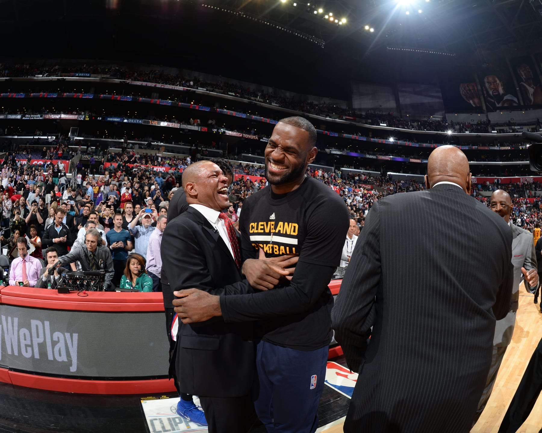 LOS ANGELES, CA - MARCH 18: Doc Rivers of the LA Clippers and LeBron James #23 of the Cleveland Cavaliers are seen after the game on March 18, 2017 at STAPLES Center in Los Angeles, California. NOTE TO USER: User expressly acknowledges and agrees that, by downloading and/or using this Photograph, user is consenting to the terms and conditions of the Getty Images License Agreement. Mandatory Copyright Notice: Copyright 2017 NBAE (Photo by Andrew D. Bernstein/NBAE via Getty Images)