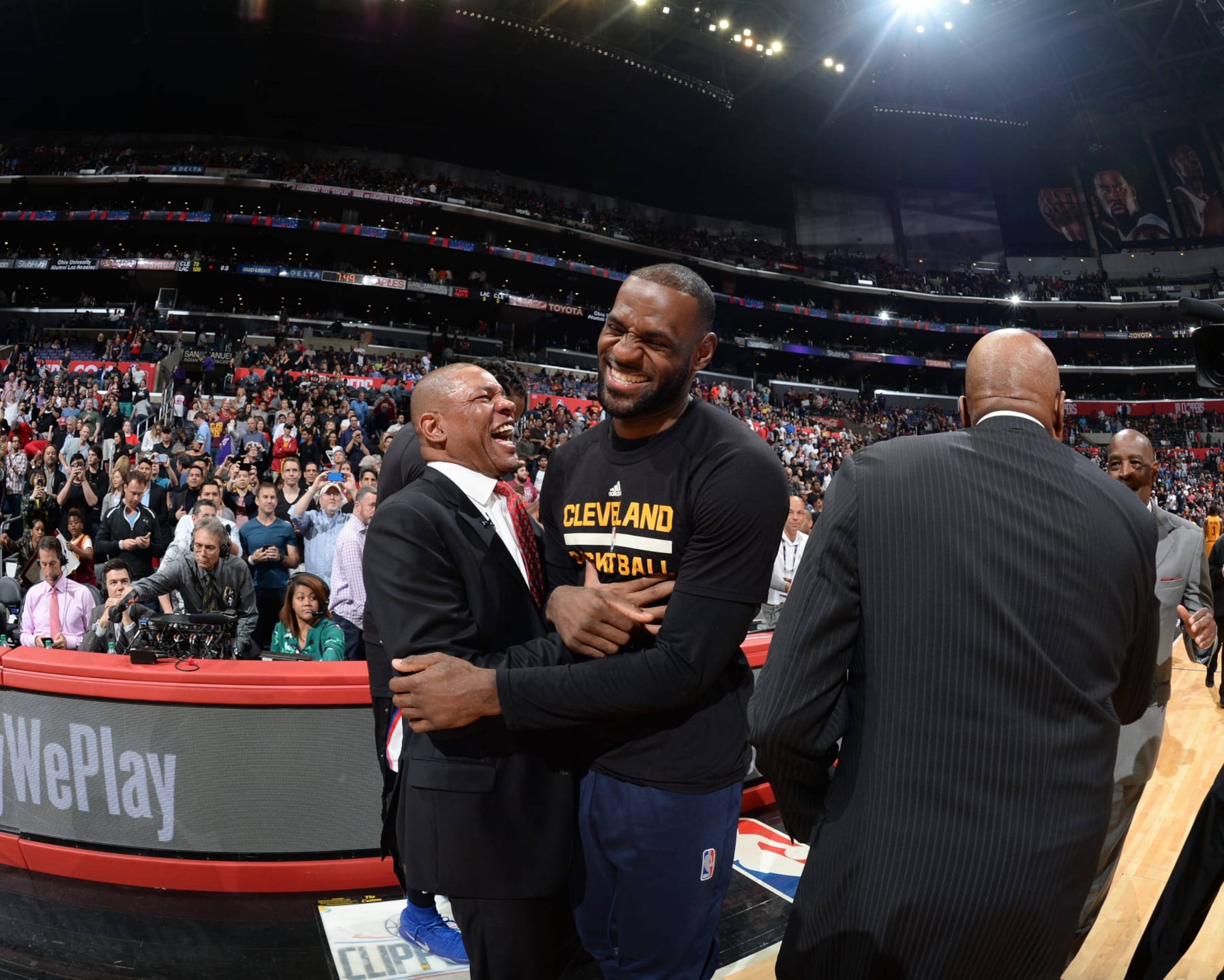 LOS ANGELES, CA - MARCH 18: Doc Rivers of the LA Clippers and LeBron James #23 of the Cleveland Cavaliers are seen after the game on March 18, 2017 at STAPLES Center in Los Angeles, California. NOTE TO USER: User expressly acknowledges and agrees that, by downloading and/or using this Photograph, user is consenting to the terms and conditions of the Getty Images License Agreement. Mandatory Copyright Notice: Copyright 2017 NBAE (Photo by Andrew D. Bernstein/NBAE via Getty Images)