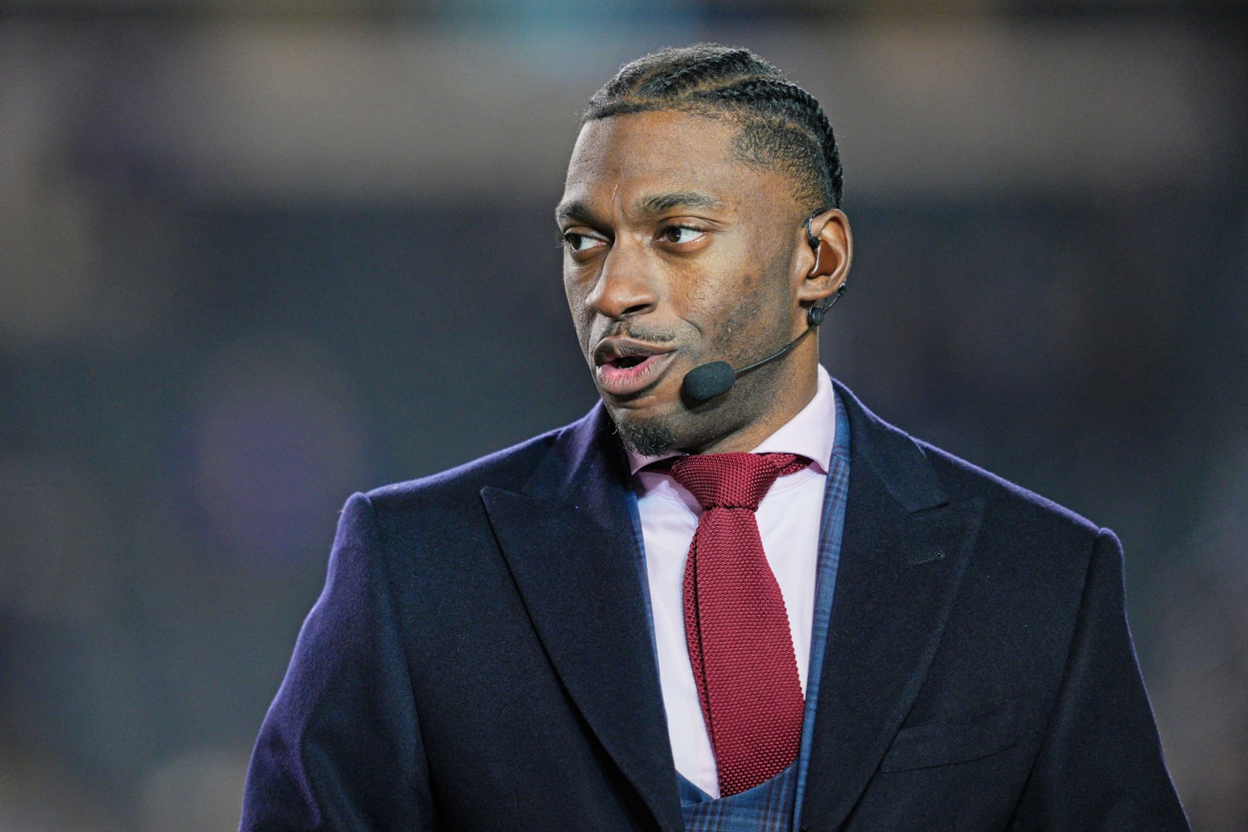PHILADELPHIA, PA - NOVEMBER 14: Robert Griffin III announces during the game between the Washington Commanders and the Philadelphia Eagles on November 14, 2022 at Lincoln Financial Field  in Philadelphia, PA. (Photo by Andy Lewis/Icon Sportswire via Getty Images)