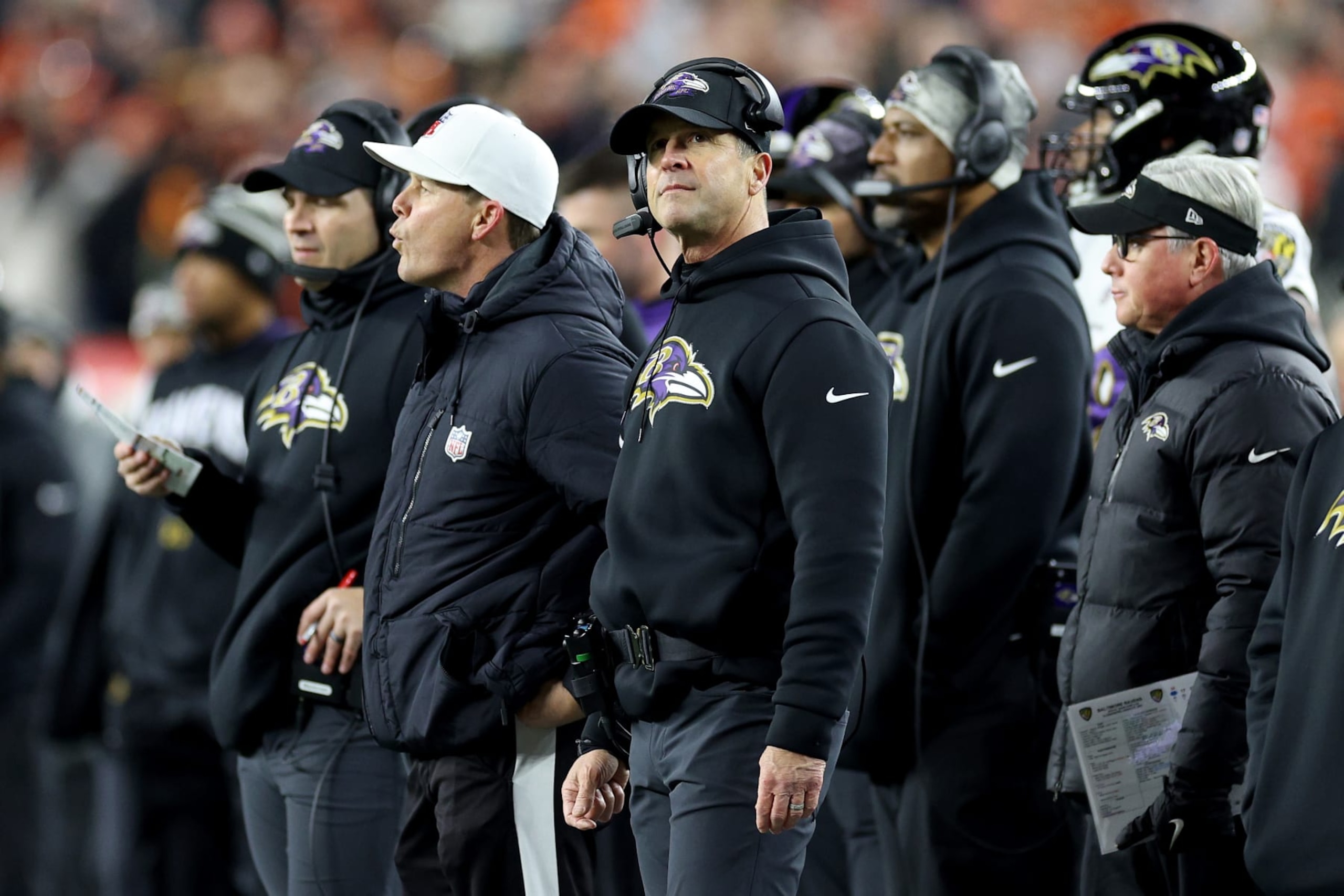 CINCINNATI, OHIO - JANUARY 15: Head coach John Harbaugh of the Baltimore Ravens reacts from the sidelines against the Cincinnati Bengals during the second quarter in the AFC Wild Card playoff game at Paycor Stadium on January 15, 2023 in Cincinnati, Ohio. (Photo by Rob Carr/Getty Images)