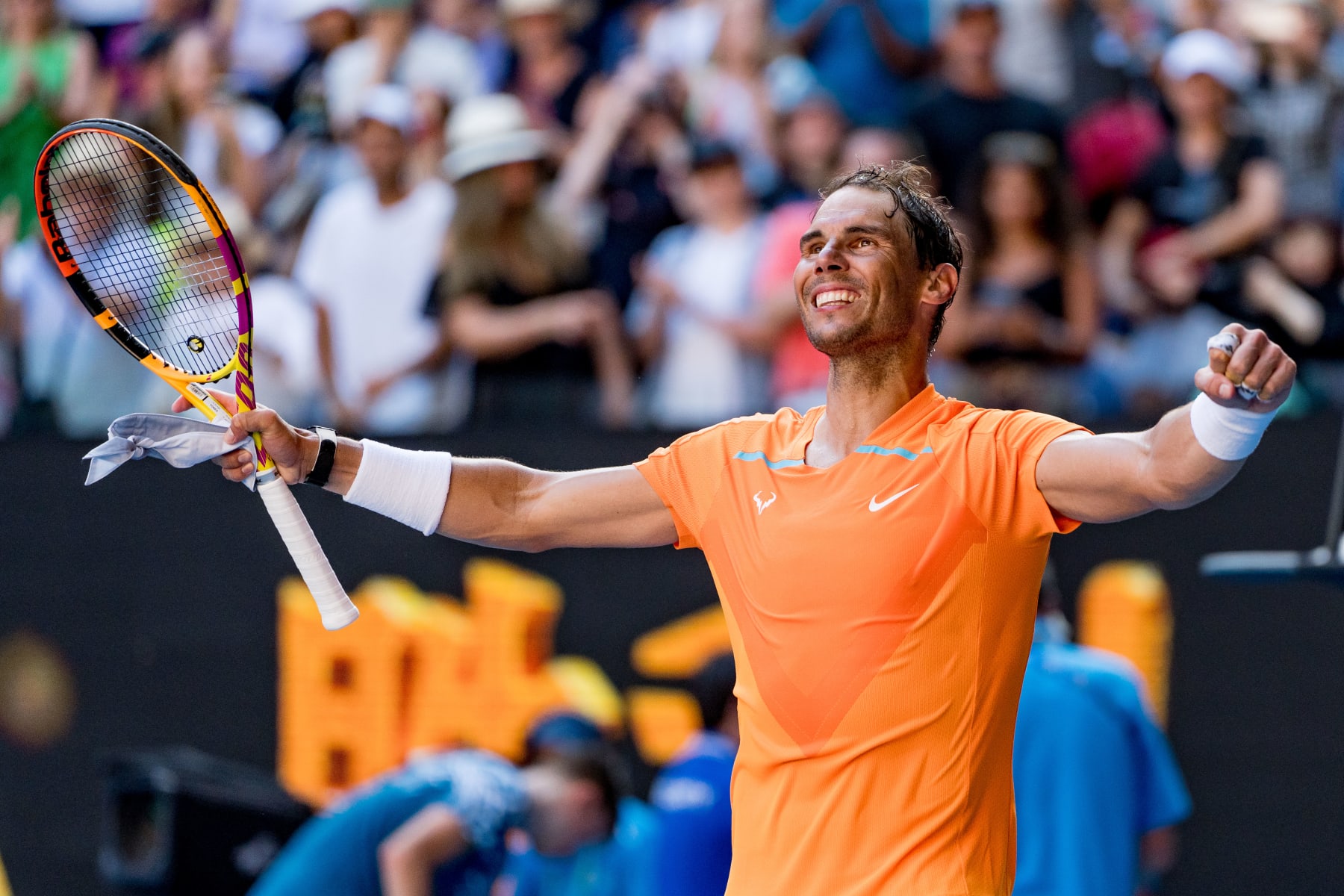 MELBOURNE, AUSTRALIA - JANUARY 16: Rafael Nadal of Spain celebrates victory in their round one singles match against Jack Draper of Great Britain during day one of the 2023 Australian Open at Melbourne Park on January 16, 2023 in Melbourne, Australia. (Photo by Andy Cheung/Getty Images)
