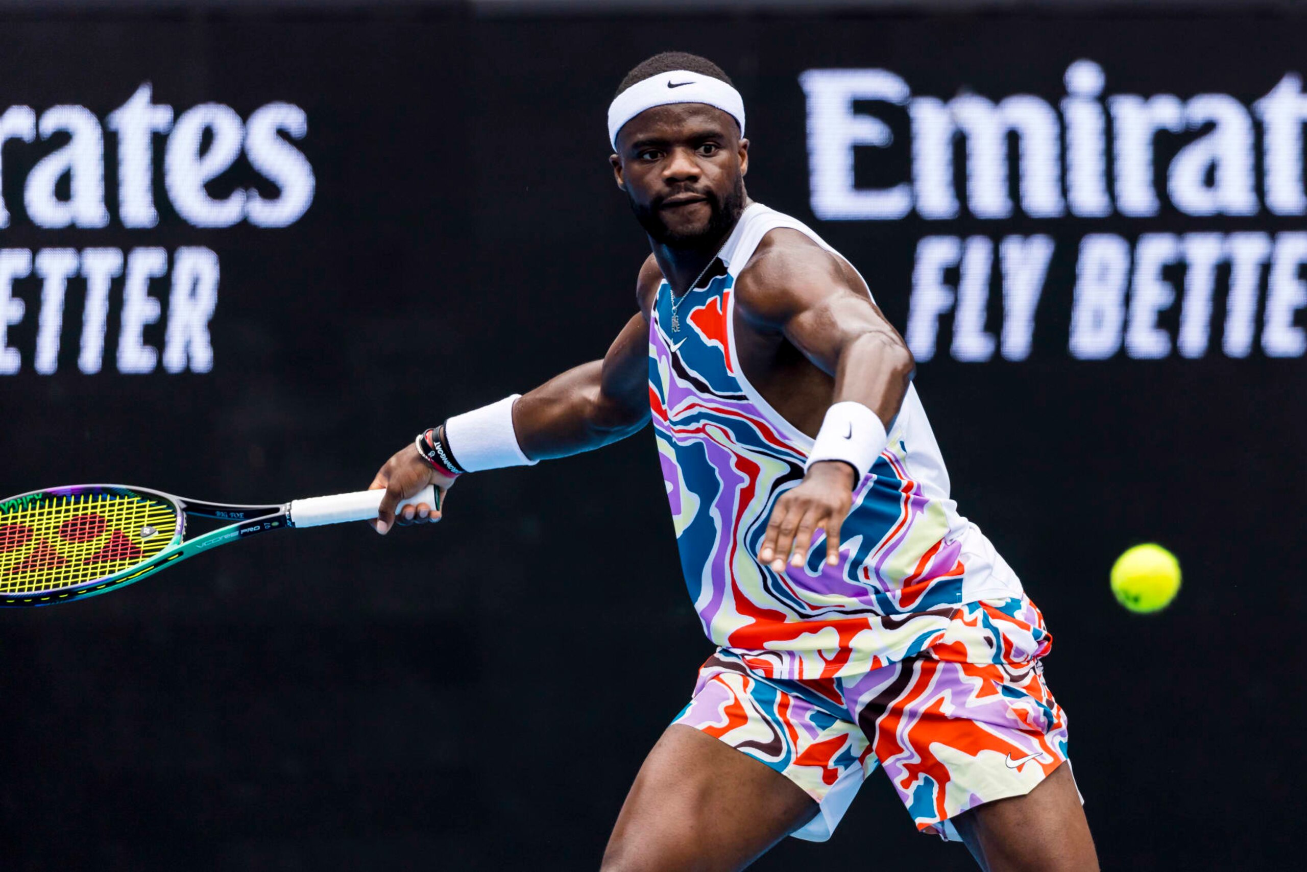 MELBOURNE, VIC - JANUARY 16: Frances Tiafoe of the United States of America in action during Round 1 of the 2023 Australian Open on January 16 2023, at Melbourne Park in Melbourne, Australia. (Photo by Jason Heidrich/Icon Sportswire via Getty Images)