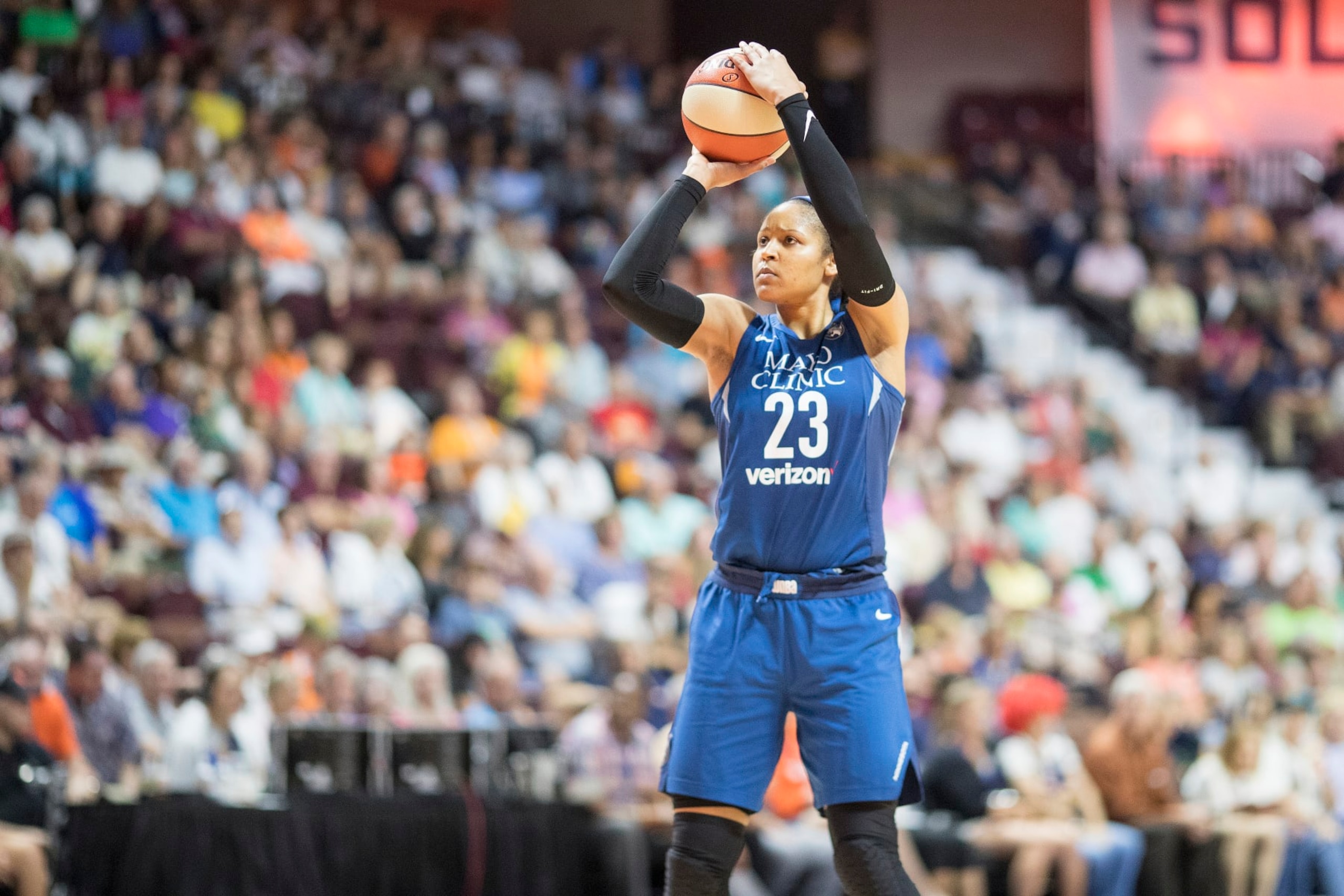 UNCASVILLE, CONNECTICUT- August 17: Maya Moore #23 of the Minnesota Lynx in action during the Connecticut Sun Vs Minnesota Lynx, WNBA regular season game at Mohegan Sun Arena on August 17, 2018 in Uncasville, Connecticut. (Photo by Tim Clayton/Corbis via Getty Images) UNCASVILLE, CONNECTICUT- August 17: Maya Moore #23 of the Minnesota Lynx in action during the Connecticut Sun Vs Minnesota Lynx, WNBA regular season game at Mohegan Sun Arena on August 17, 2018 in Uncasville, Connecticut. (Photo by Tim Clayton/Corbis via Getty Images)