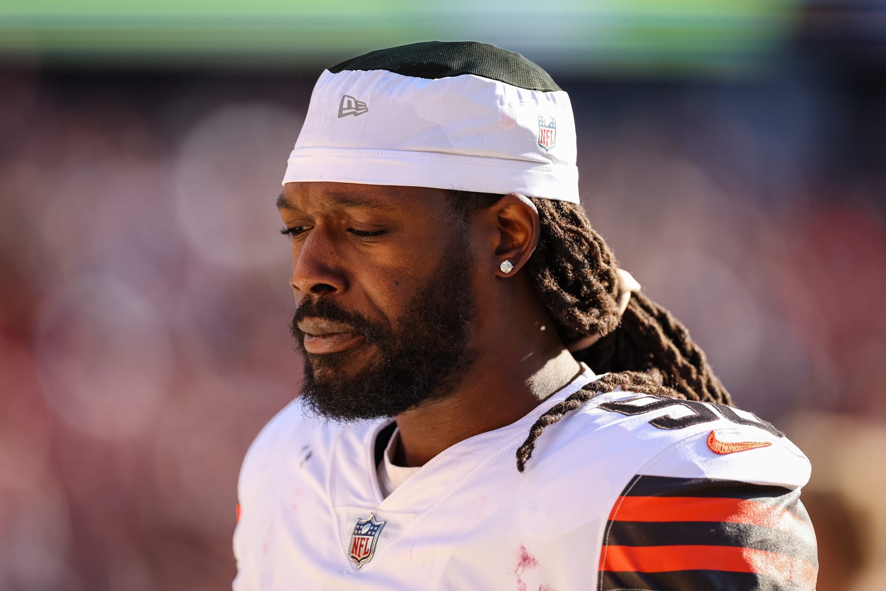 LANDOVER, MD - JANUARY 01: Jadeveon Clowney #90 of the Cleveland Browns looks on before the game against the Washington Commanders at FedExField on January 1, 2023 in Landover, Maryland. (Photo by Scott Taetsch/Getty Images)