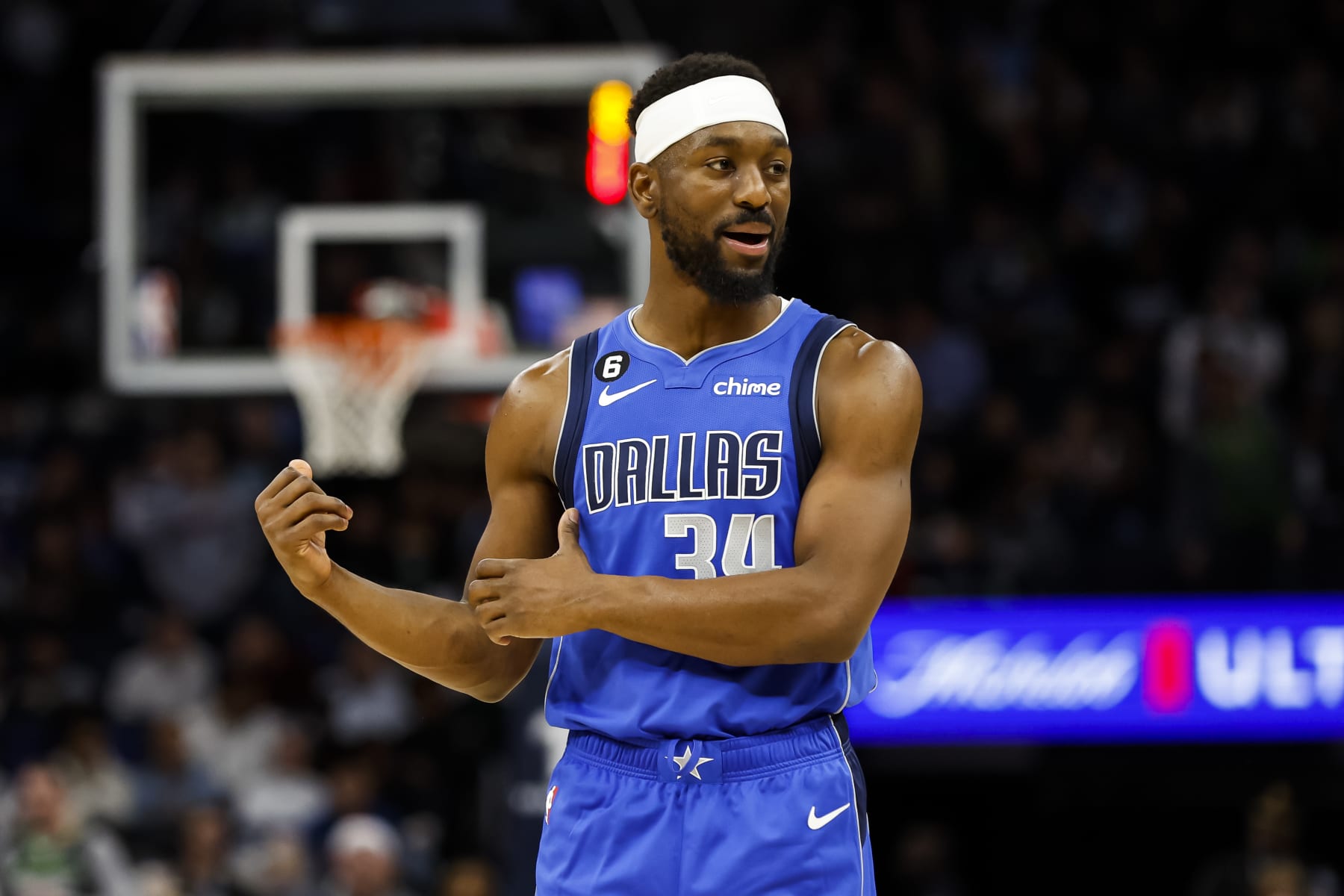 MINNEAPOLIS, MN - DECEMBER 19: Kemba Walker #34 of the Dallas Mavericks looks on against the Minnesota Timberwolves in the third quarter of the game at Target Center on December 19, 2022 in Minneapolis, Minnesota. The Timberwolves defeated the Mavericks 116-106. NOTE TO USER: User expressly acknowledges and agrees that, by downloading and or using this Photograph, user is consenting to the terms and conditions of the Getty Images License Agreement. (Photo by David Berding/Getty Images)