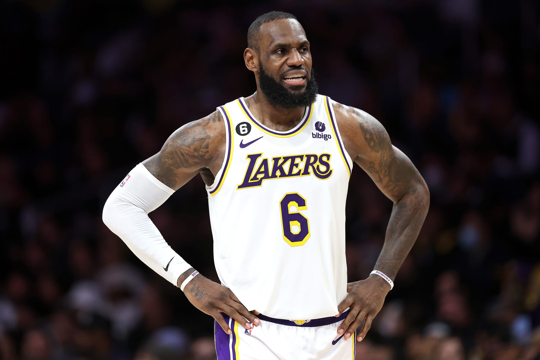 LOS ANGELES, CALIFORNIA - JANUARY 15:  LeBron James #6 of the Los Angeles Lakers looks on during the second half of a game against the Philadelphia 76ers at Crypto.com Arena on January 15, 2023 in Los Angeles, California.  NOTE TO USER: User expressly acknowledges and agrees that, by downloading and or using this photograph, User is consenting to the terms and conditions of the Getty Images License Agreement. (Photo by Sean M. Haffey/Getty Images)