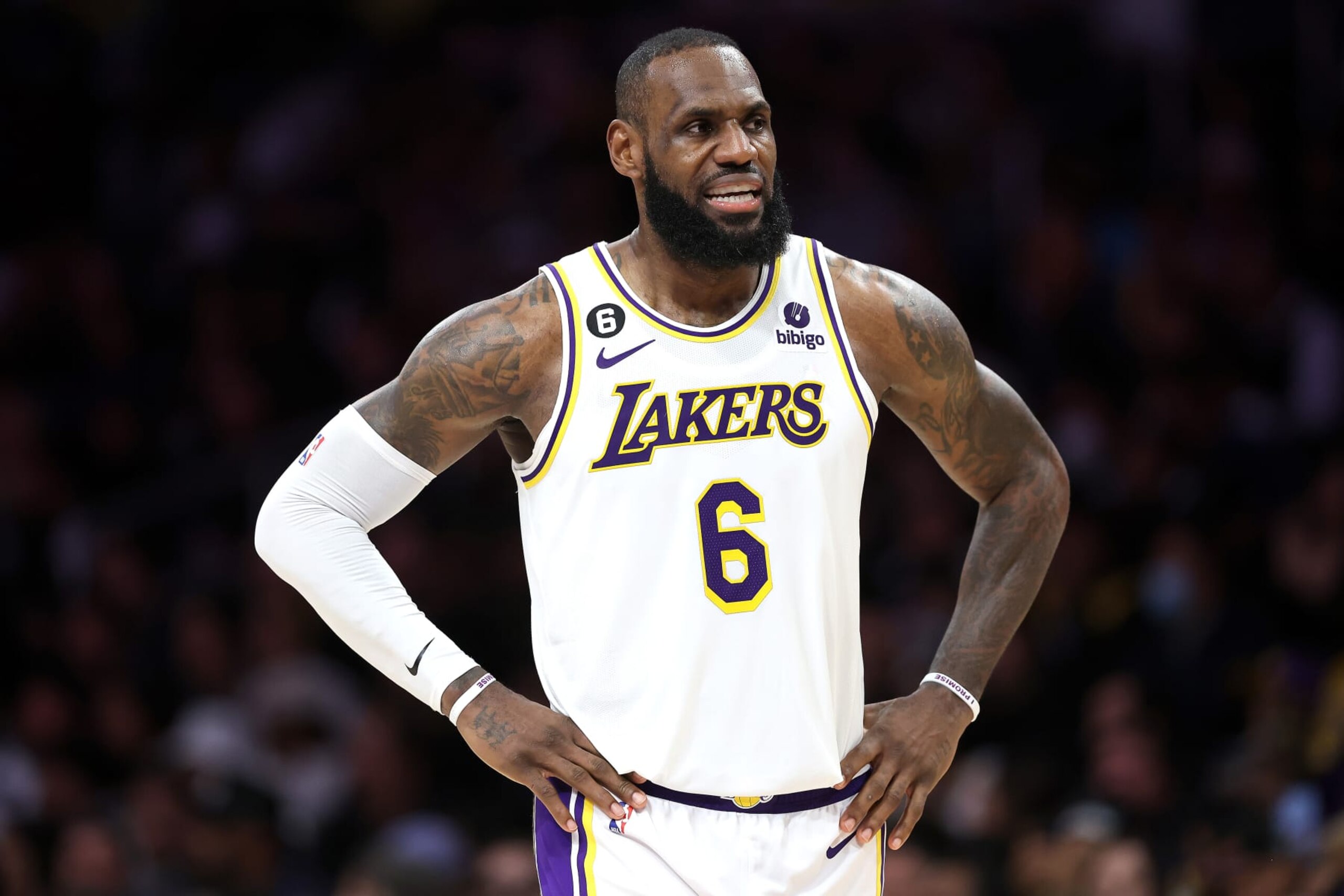 LOS ANGELES, CALIFORNIA - JANUARY 15:  LeBron James #6 of the Los Angeles Lakers looks on during the second half of a game against the Philadelphia 76ers at Crypto.com Arena on January 15, 2023 in Los Angeles, California.  NOTE TO USER: User expressly acknowledges and agrees that, by downloading and or using this photograph, User is consenting to the terms and conditions of the Getty Images License Agreement. (Photo by Sean M. Haffey/Getty Images)