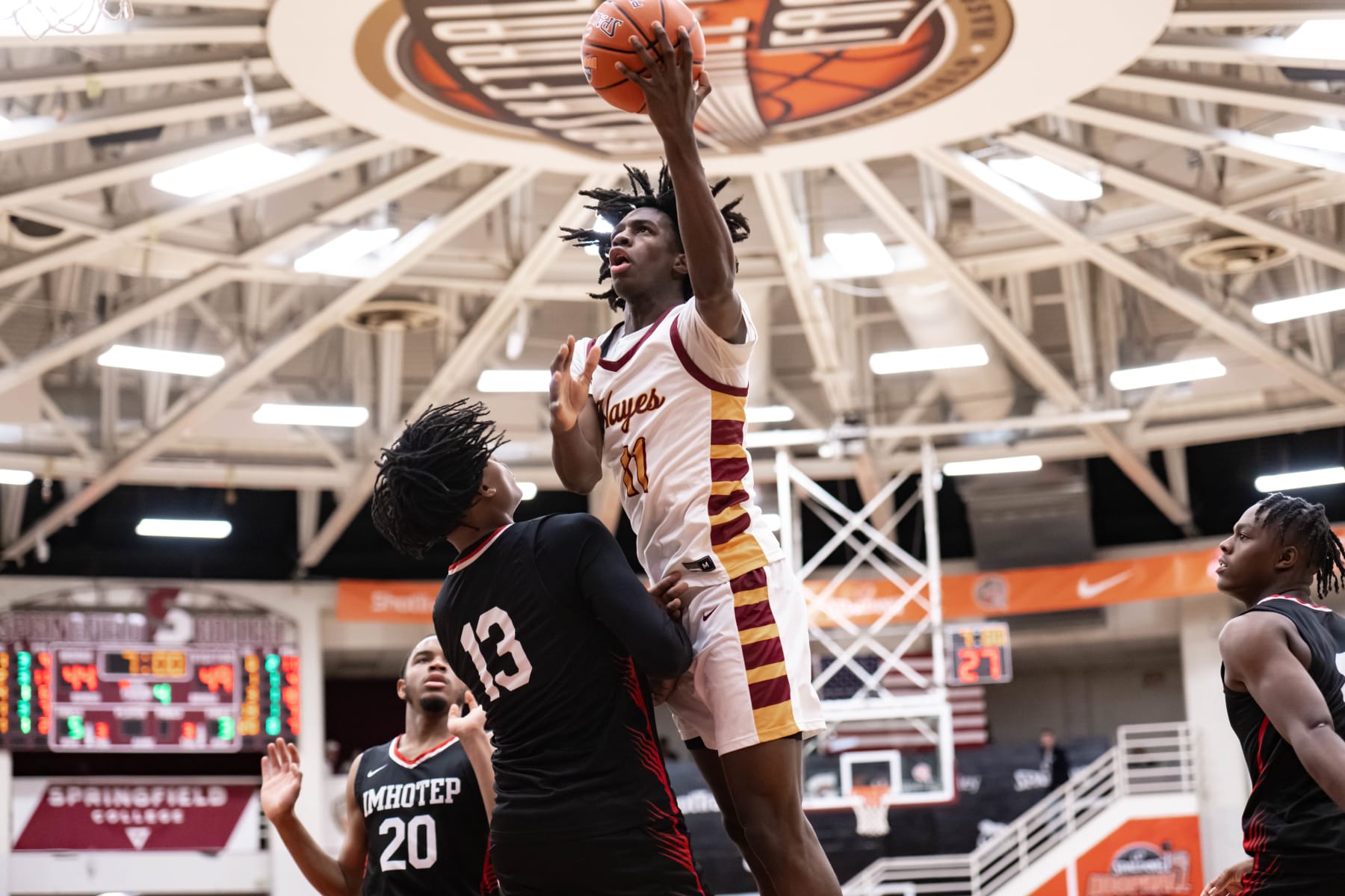 SPRINGFIELD, MA - JANUARY 15: Ian Jackson of Cardinal Hayes (11) shoots the ball during the Hoophall Classic high school basketball game between Cardinal Hayes and Imhotep Charter on January 15, 2023 at Blake Arena in Springfield, MA (Photo by John Jones/Icon Sportswire via Getty Images)