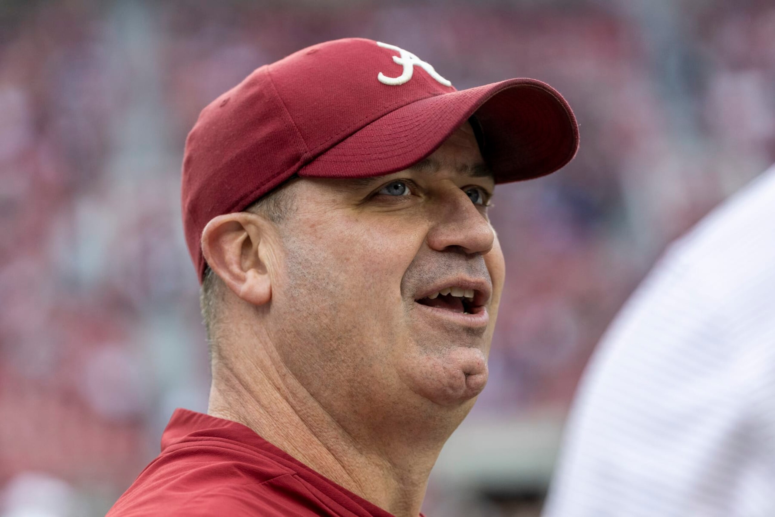 Alabama offensive coordinator Bill O'Brien talks with a bystander before an NCAA college football game against Auburn, Saturday, Nov. 26, 2022, in Tuscaloosa, Ala. (AP Photo/Vasha Hunt)