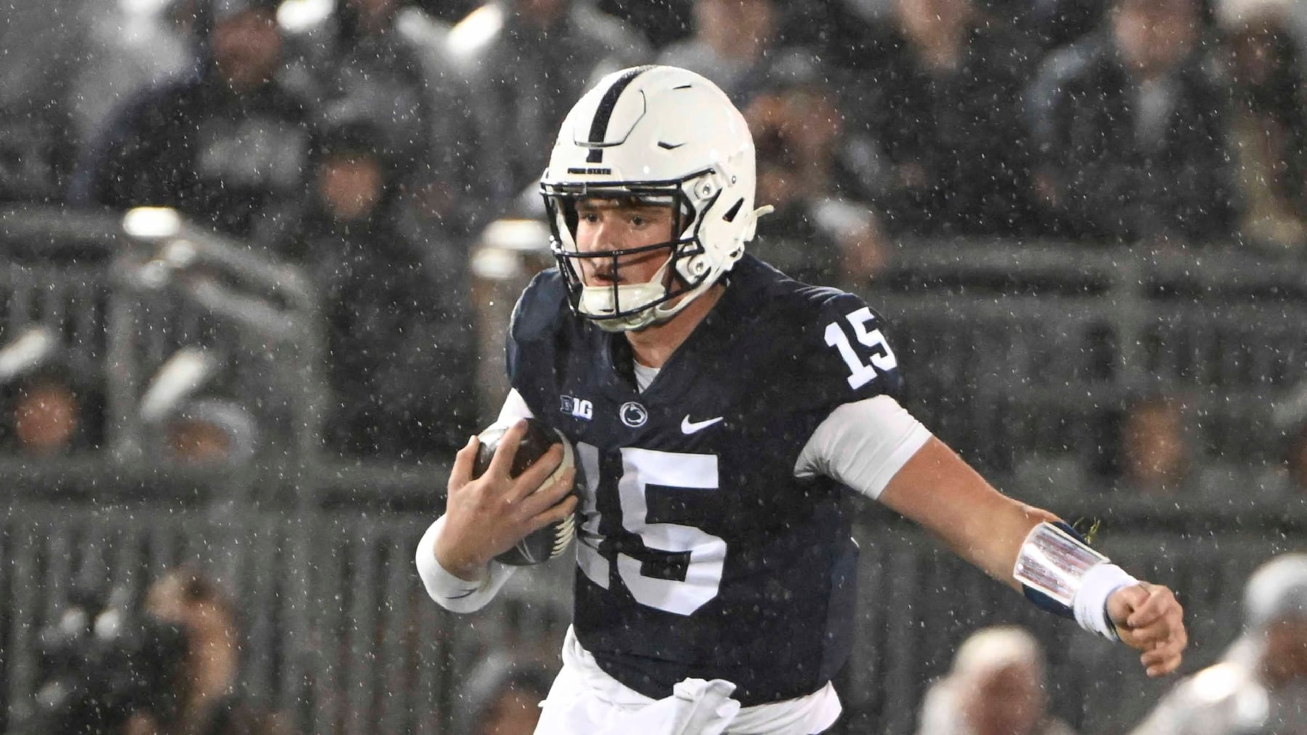 Penn State quarterback Drew Allar (15) scrambles during the second half of an NCAA college football game against Maryland, Saturday, Nov. 12, 2022, in State College, Pa. (AP Photo/Barry Reeger)