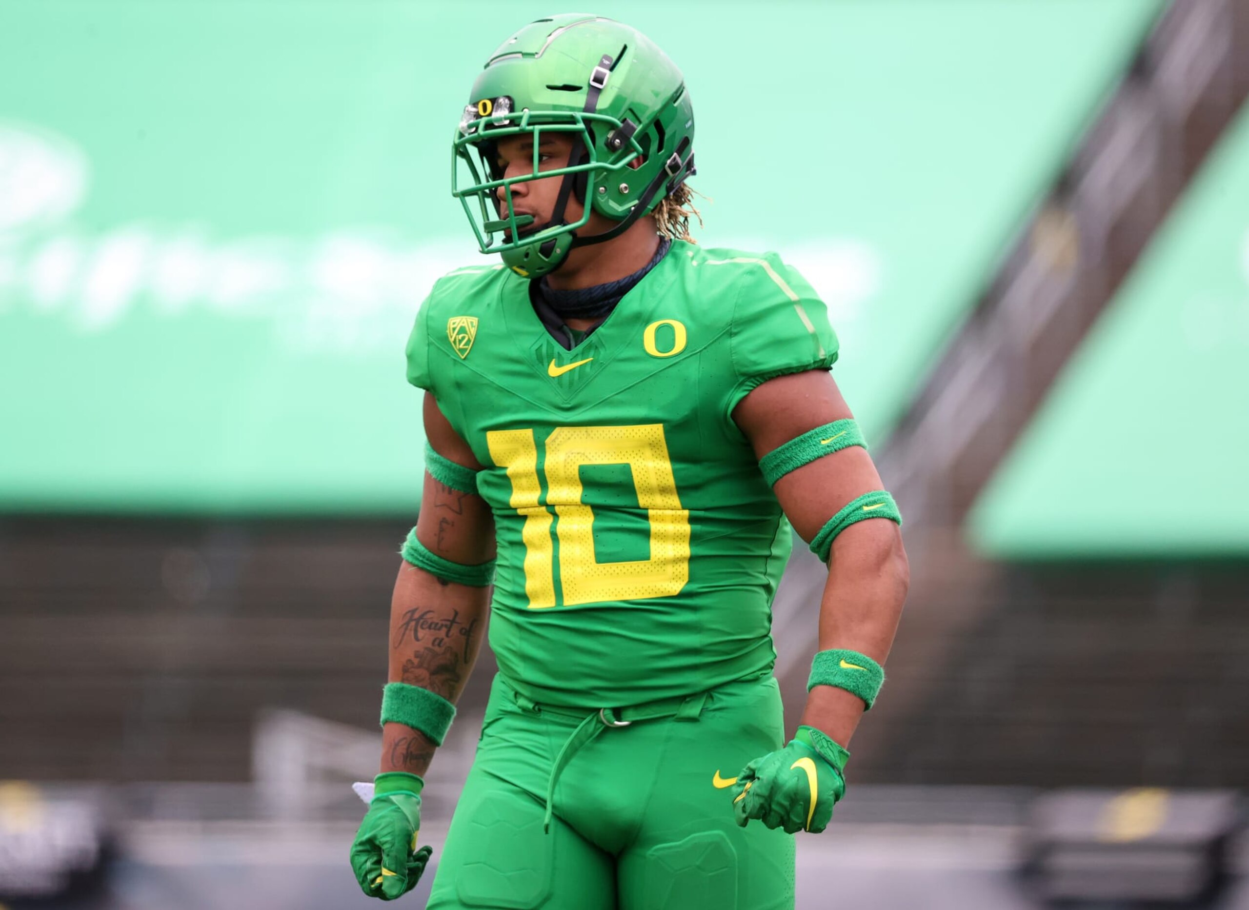EUGENE, OREGON - MAY 01: Justin Flowe #10 of the Oregon Ducks looks on in the fourth quarter during the Oregon spring game at Autzen Stadium on May 01, 2021 in Eugene, Oregon. (Photo by Abbie Parr/Getty Images)