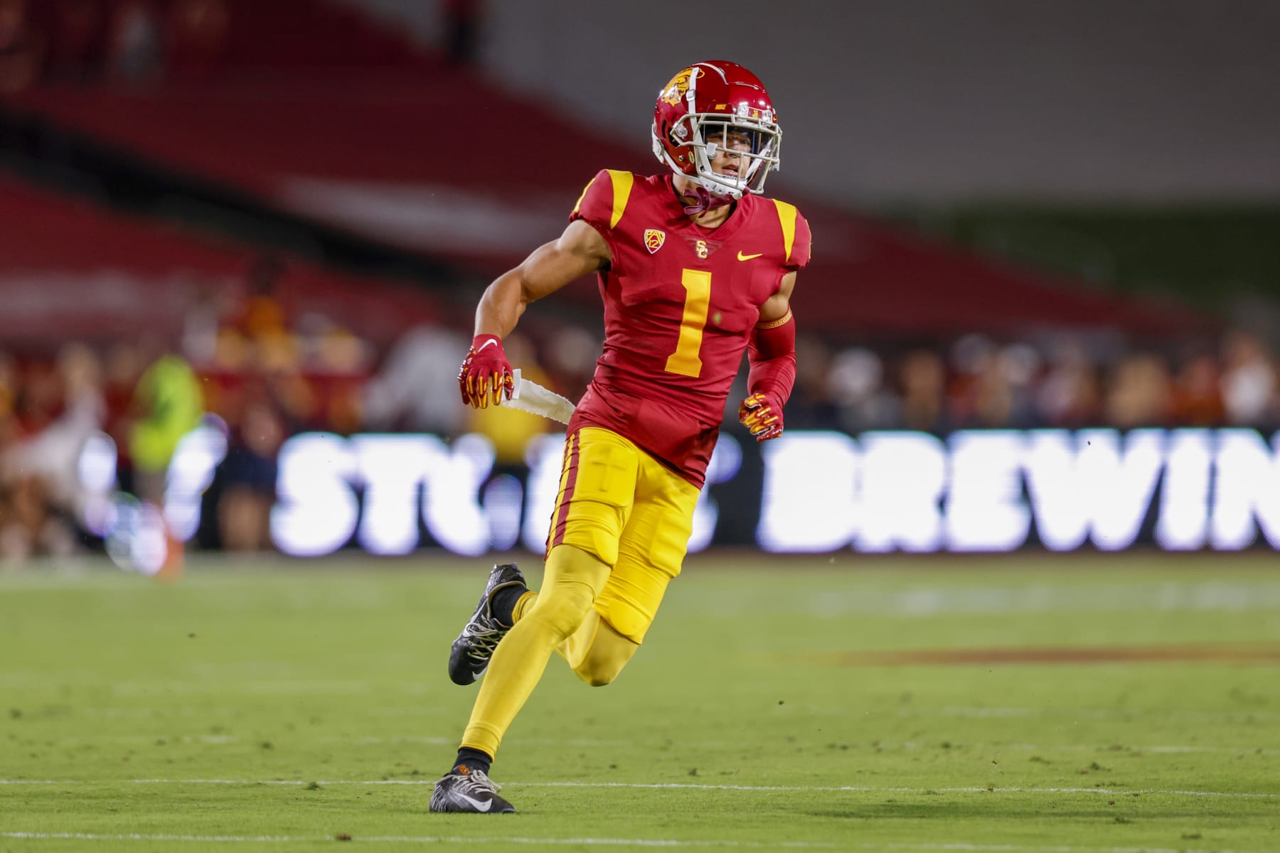 LOS ANGELES, CA - OCTOBER 01: USC Trojans defensive back Domani Jackson (1) runs down the field during a college football game between the Arizona State Sun Devils against the USC Trojans on October 01, 2022, at the Los Angeles Memorial Coliseum in Los Angeles, CA. (Photo by Jordon Kelly/Icon Sportswire via Getty Images)