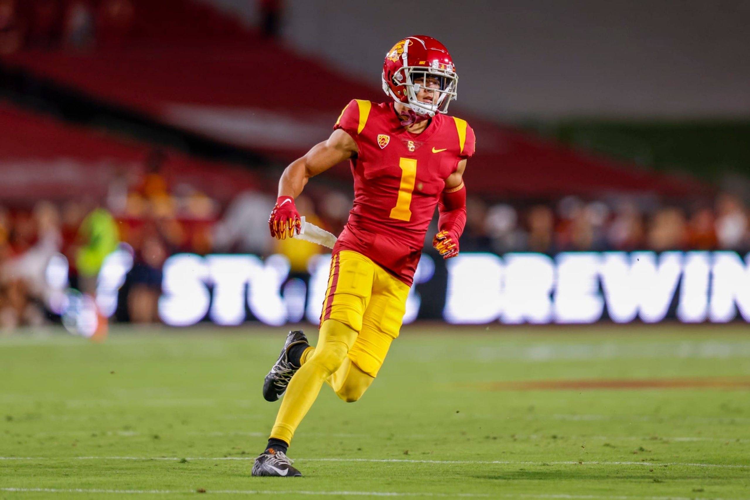 LOS ANGELES, CA - OCTOBER 01: USC Trojans defensive back Domani Jackson (1) runs down the field during a college football game between the Arizona State Sun Devils against the USC Trojans on October 01, 2022, at the Los Angeles Memorial Coliseum in Los Angeles, CA. (Photo by Jordon Kelly/Icon Sportswire via Getty Images)