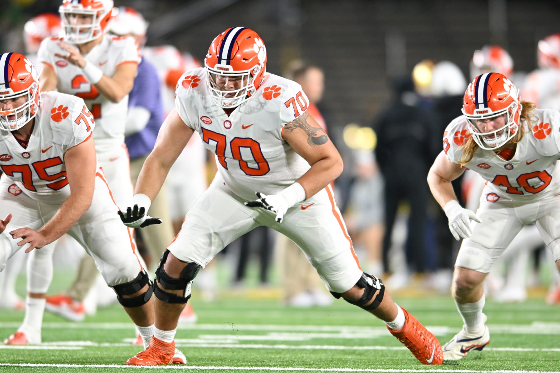 SOUTH BEND, INDIANA - NOVEMBER 05, 2022: Tristan Leigh #70 of the Clemson Tigers warms up prior to a game against the Notre Dame Fighting Irish at Notre Dame Stadium on November 5, 2022 in South Bend, Indiana. (Photo by Nick Cammett/Diamond Images via Getty Images)